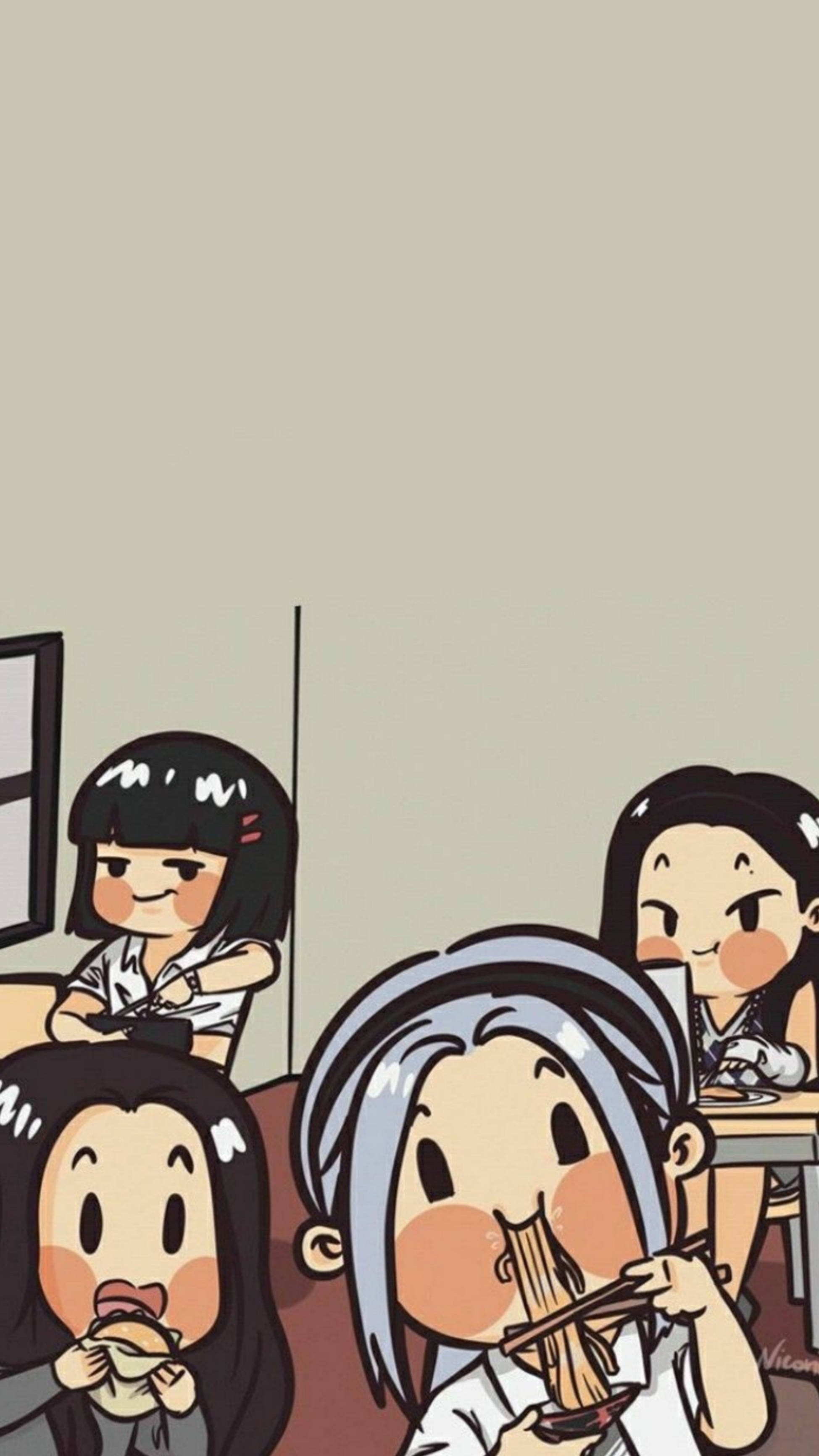 Blackpink, chibi anime girls, noodles, 2K Phone Wallpaper