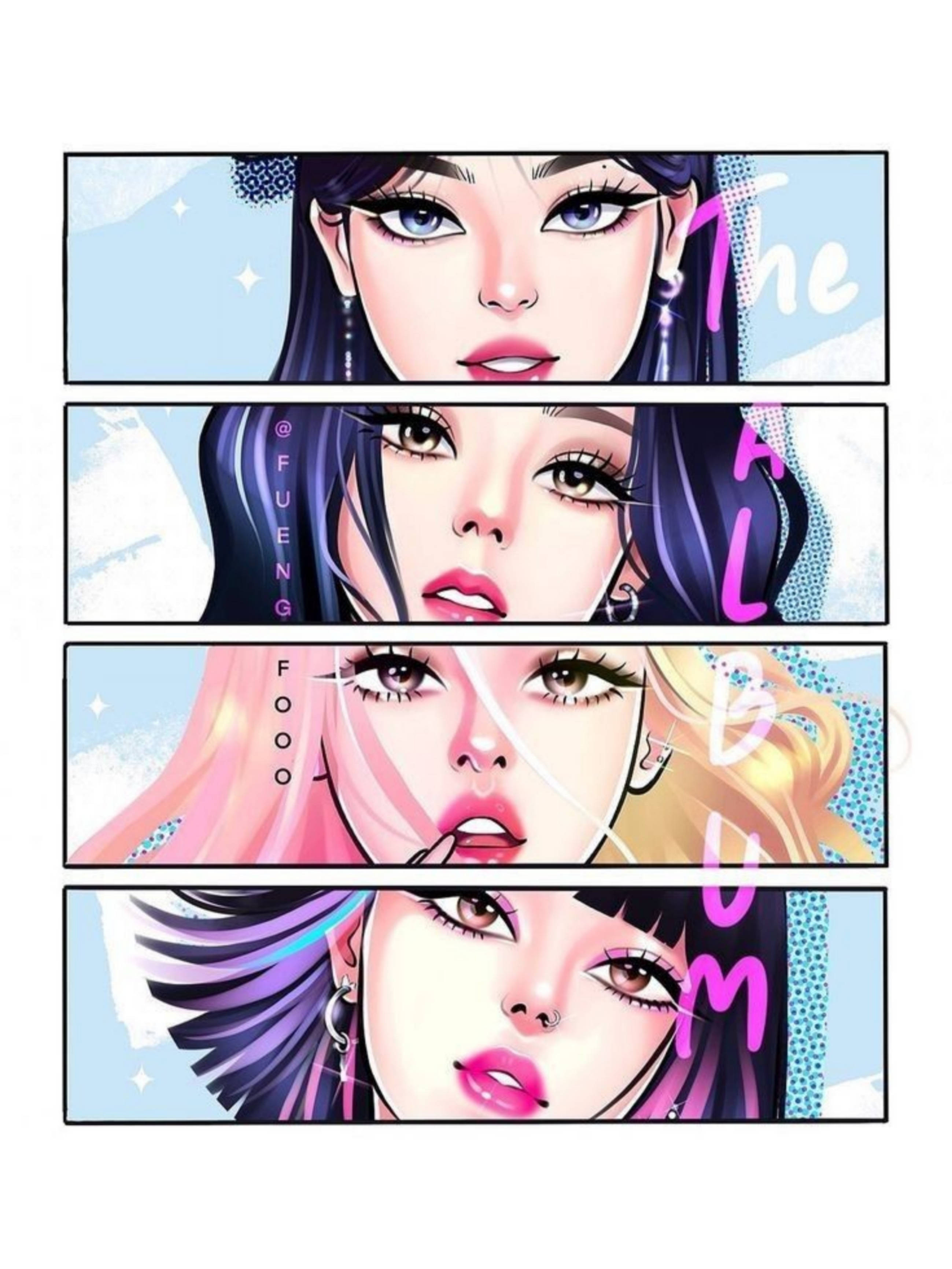 Blackpink, anime girl faces, comic panels, 2K Phone Wallpaper