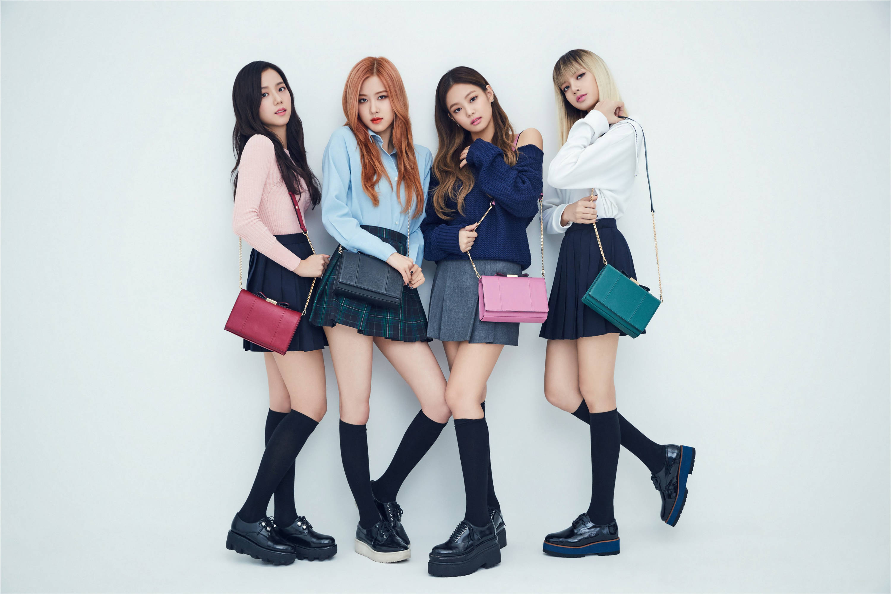 Blackpink, colorful sling bags, schoolgirl outfits, 2K Desktop Wallpaper