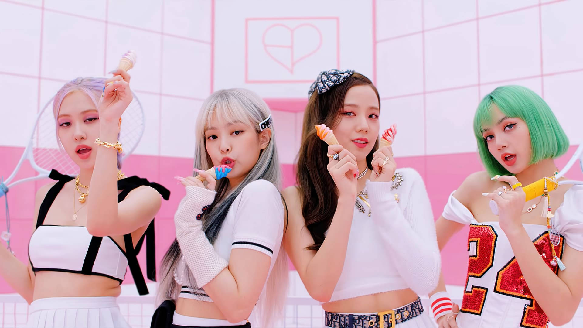 Ice Cream, Blackpink, pink grid background, Full HD Desktop Wallpaper