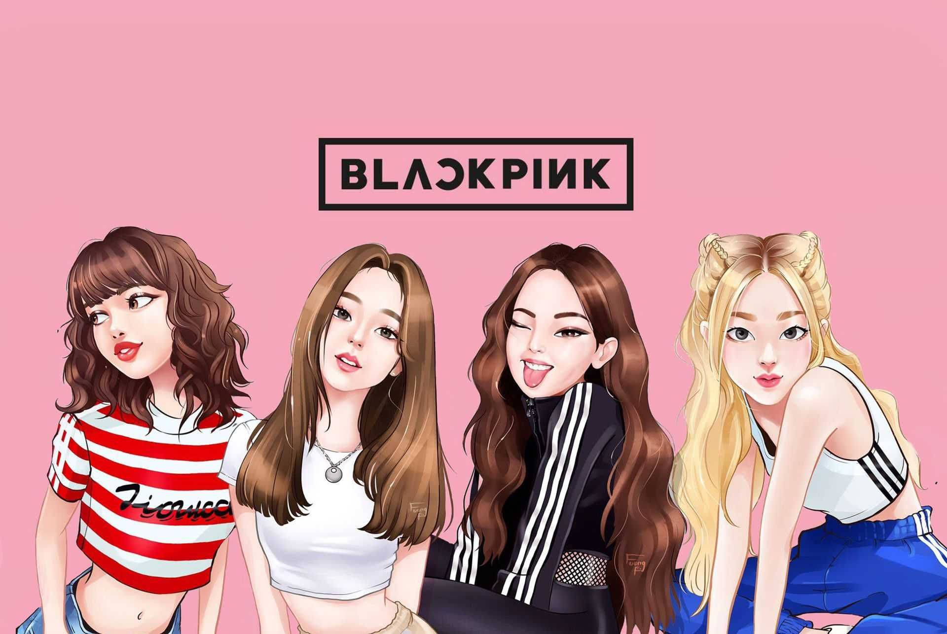 Cartoon Blackpink, BLACKPINK logo, four animated K-pop idols, Full HD Desktop Wallpaper