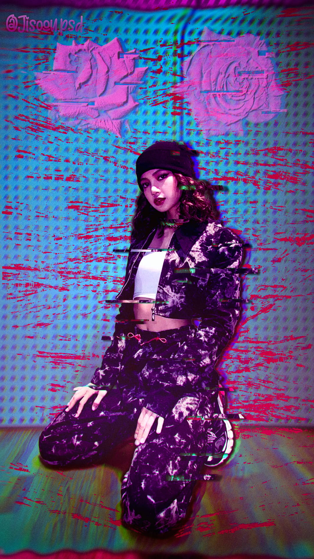 Lisa Blackpink, purple outfit, glitchy blue wall, Full HD Phone Wallpaper