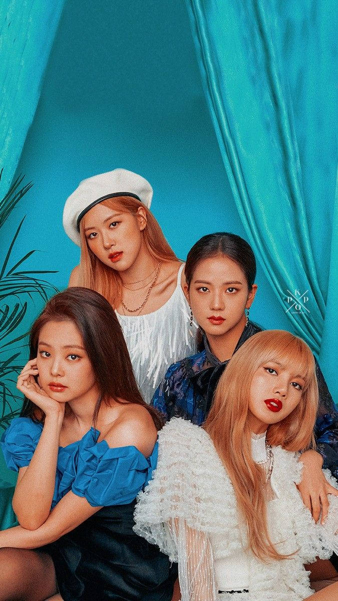 Blackpink, teal curtain, tropical plants, SD Phone Wallpaper