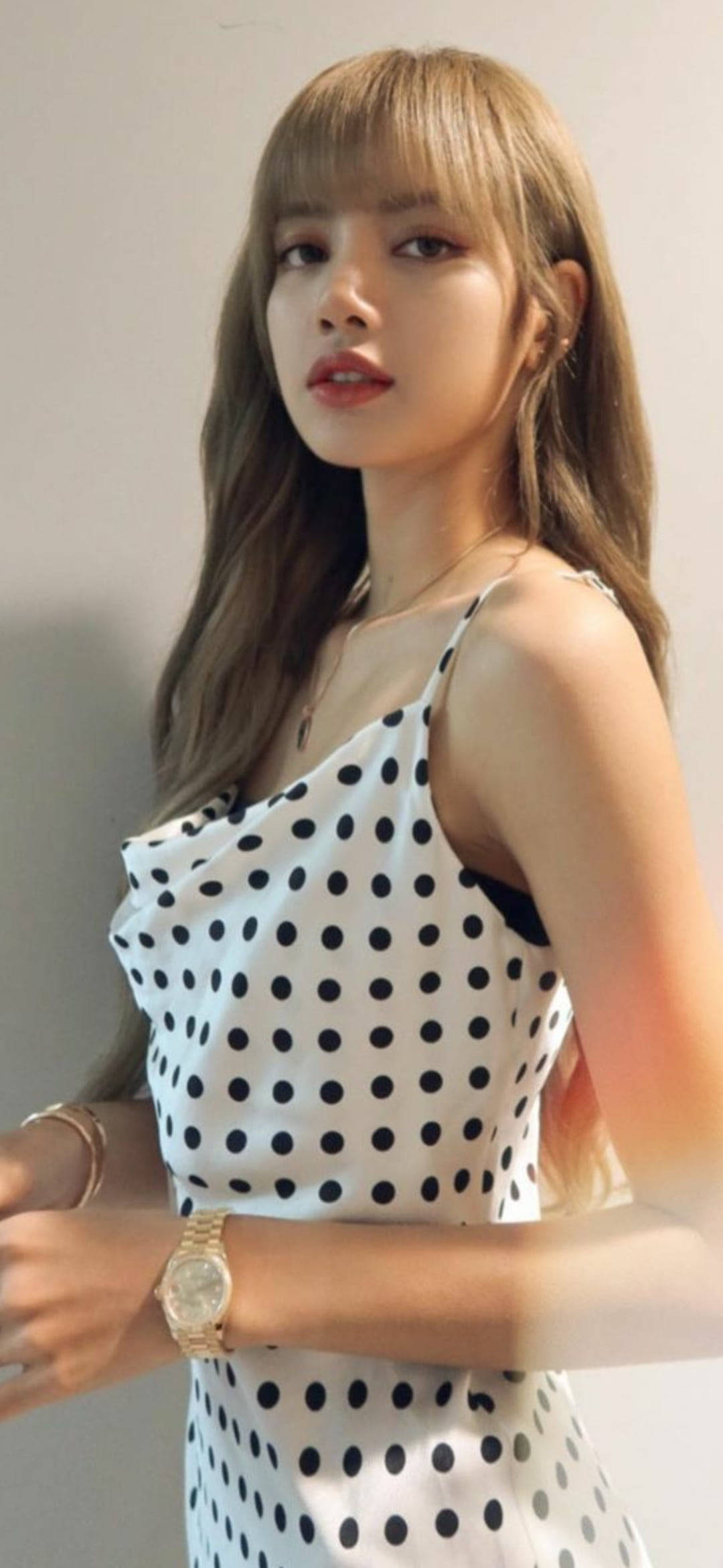 Lisa Blackpink, white polka-dot dress, gold accessories, Full HD Phone Wallpaper