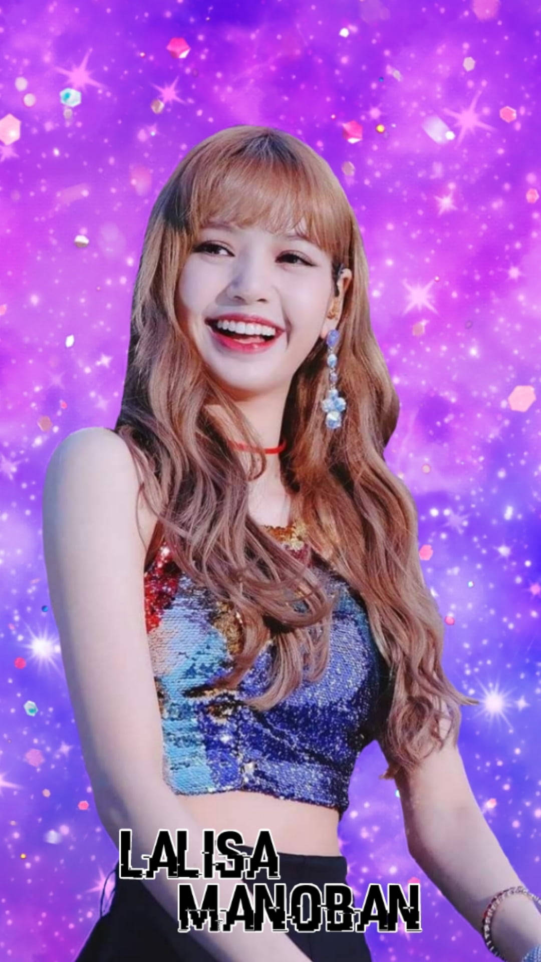 Lisa Blackpink, sparkling blue top, vibrant purple starry background, Full HD Phone Wallpaper