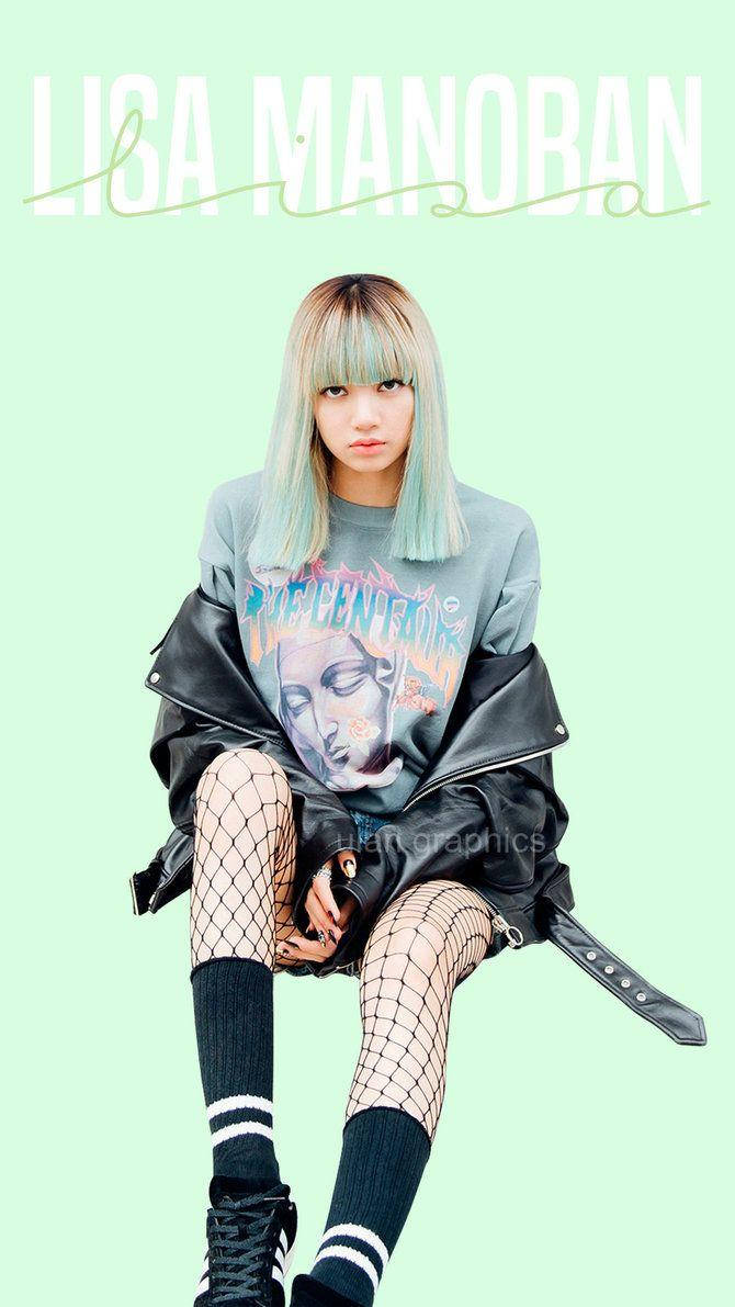 Blackpink Lisa, pastel blue hair, black leather jacket, SD Phone Wallpaper