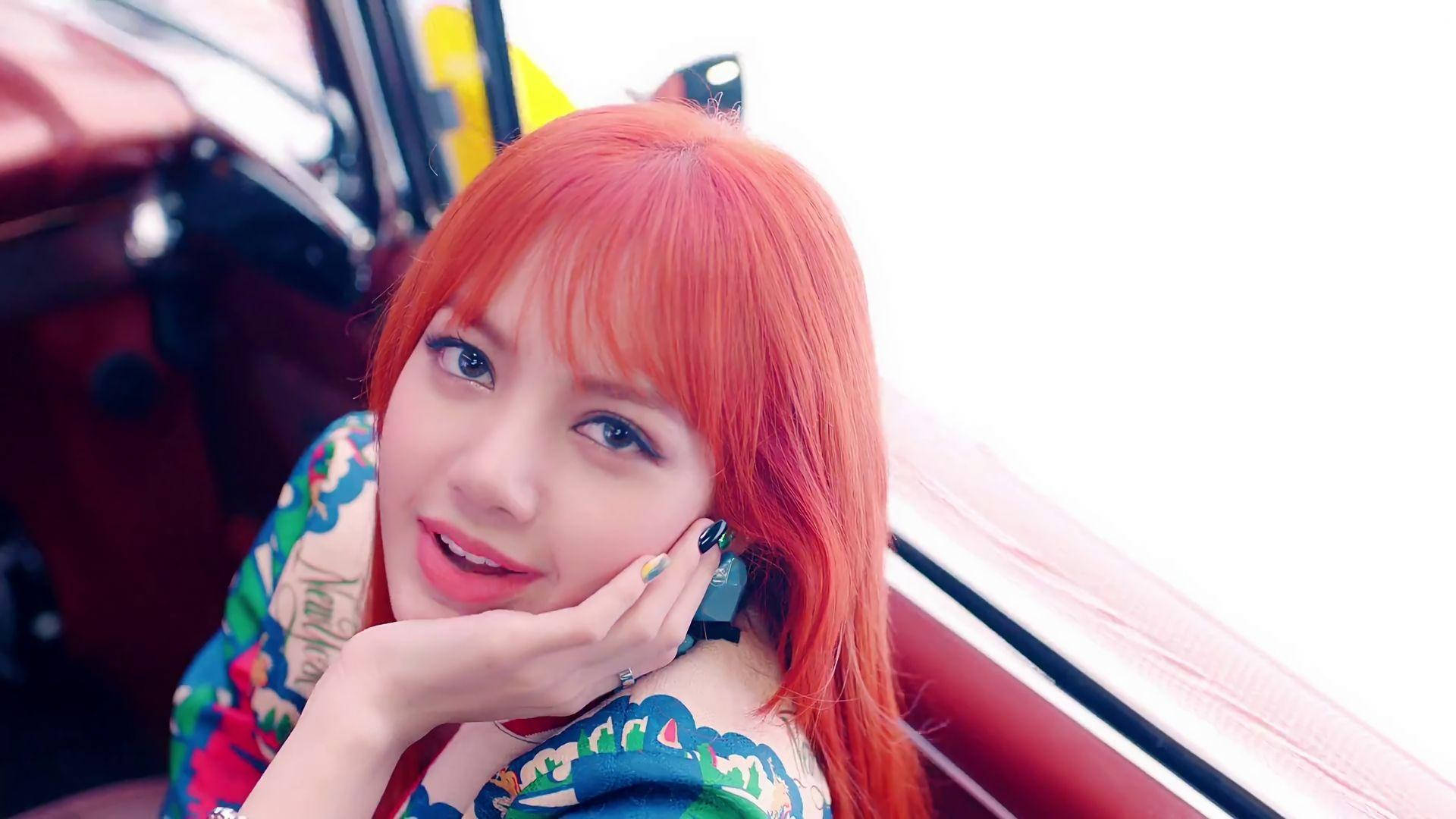 Blackpink Lisa, vibrant orange hair, red car, Full HD Desktop Wallpaper