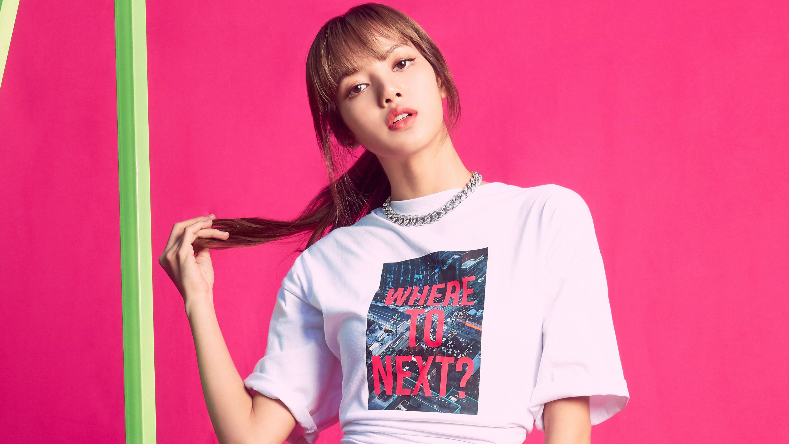 Lisa, Blackpink, white t-shirt, 2K Desktop Wallpaper