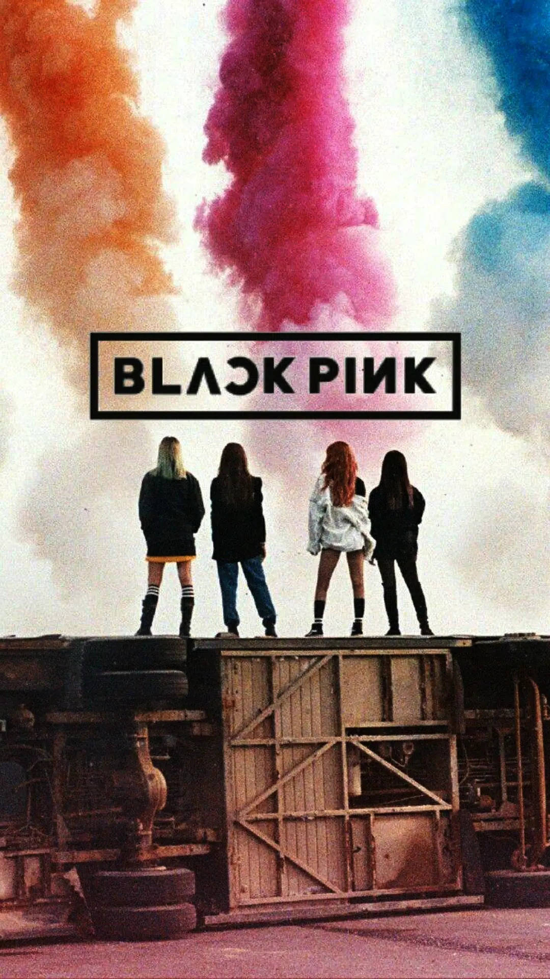 Blackpink Logo, orange pink and blue smoke, rusty industrial structure, Full HD Phone Wallpaper