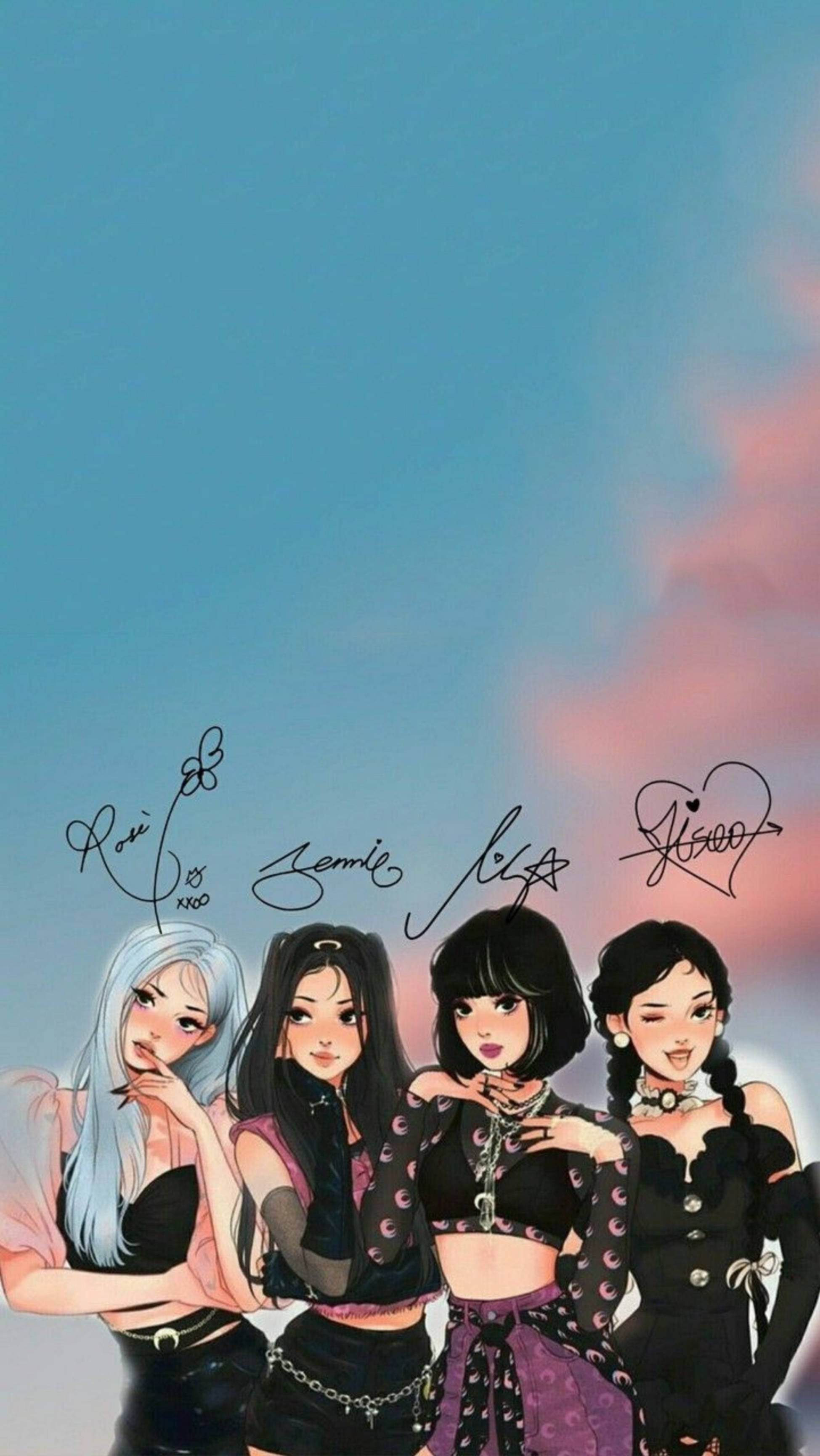 Blackpink, cartoon, signature, 2K Phone Wallpaper