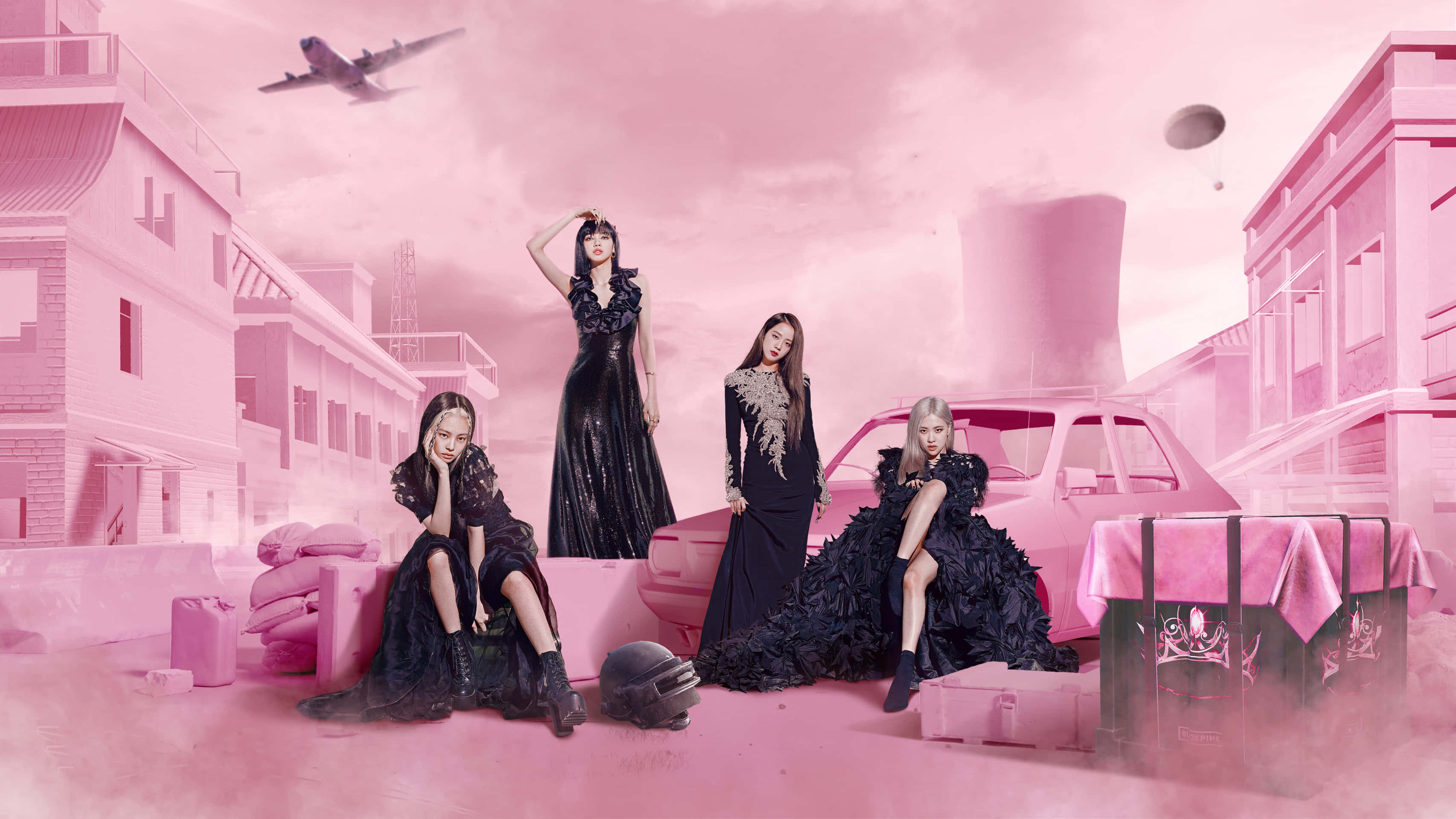 BLACKPINK, pink-tinted urban wasteland, vintage car, 2K Desktop Wallpaper