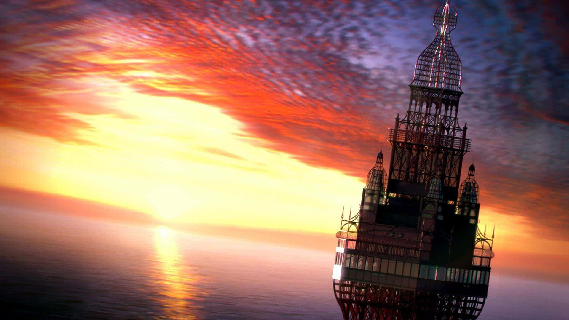 Blackpool Tower, sunset, ocean, Full HD Desktop Wallpaper