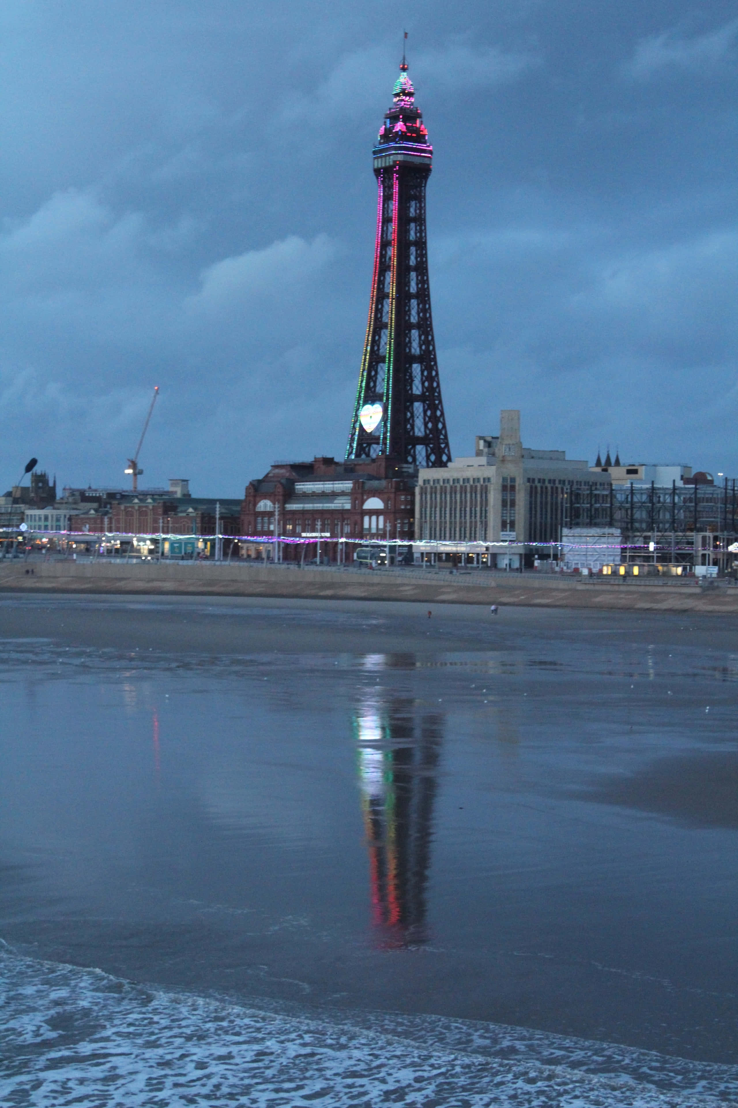 Blackpool Tower, cloudy twilight sky, wet beach, 4K Phone Wallpaper