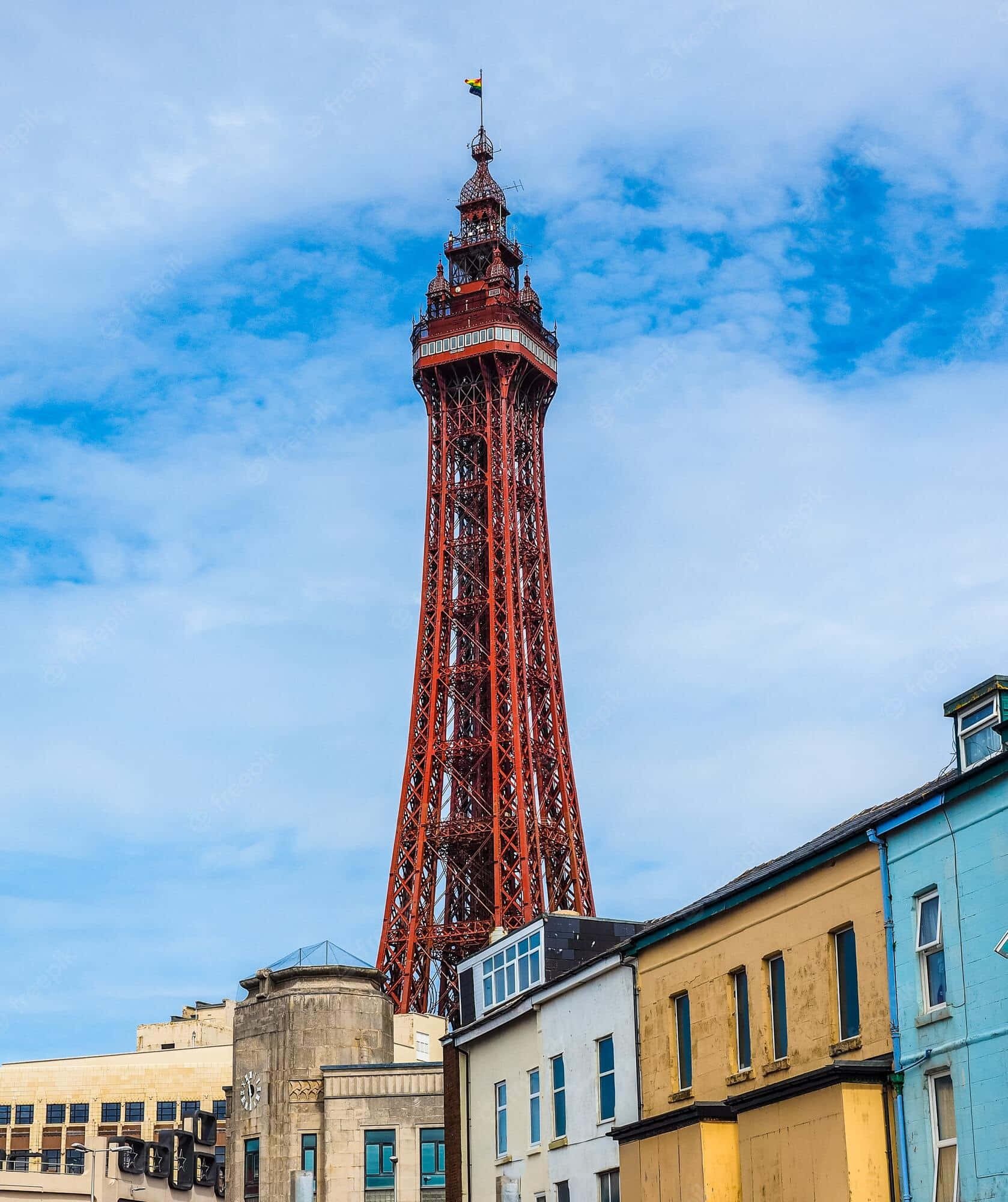 Blackpool Tower, red iron, pastel buildings, Full HD Phone Wallpaper