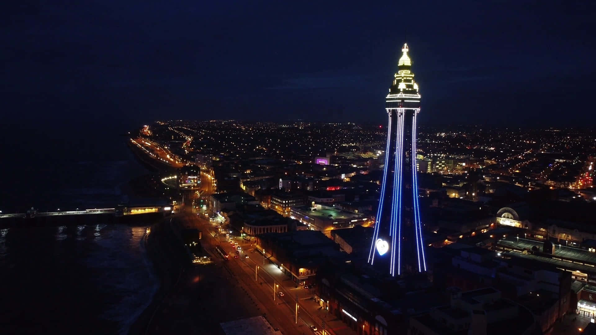 Blackpool Tower, blue lights, night sky, Full HD Desktop Wallpaper