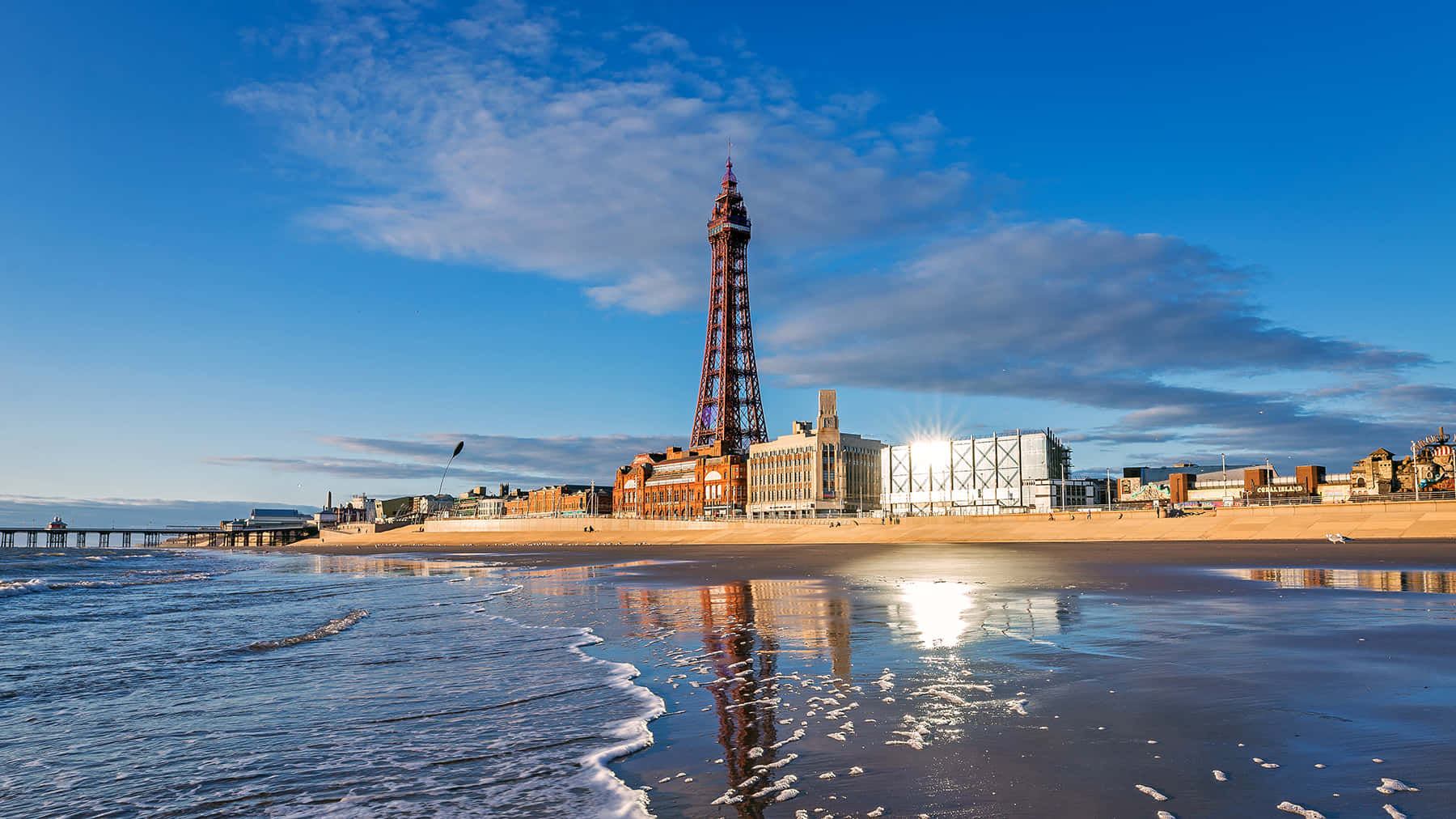 Blackpool Tower, beach, ocean, HD Desktop Wallpaper