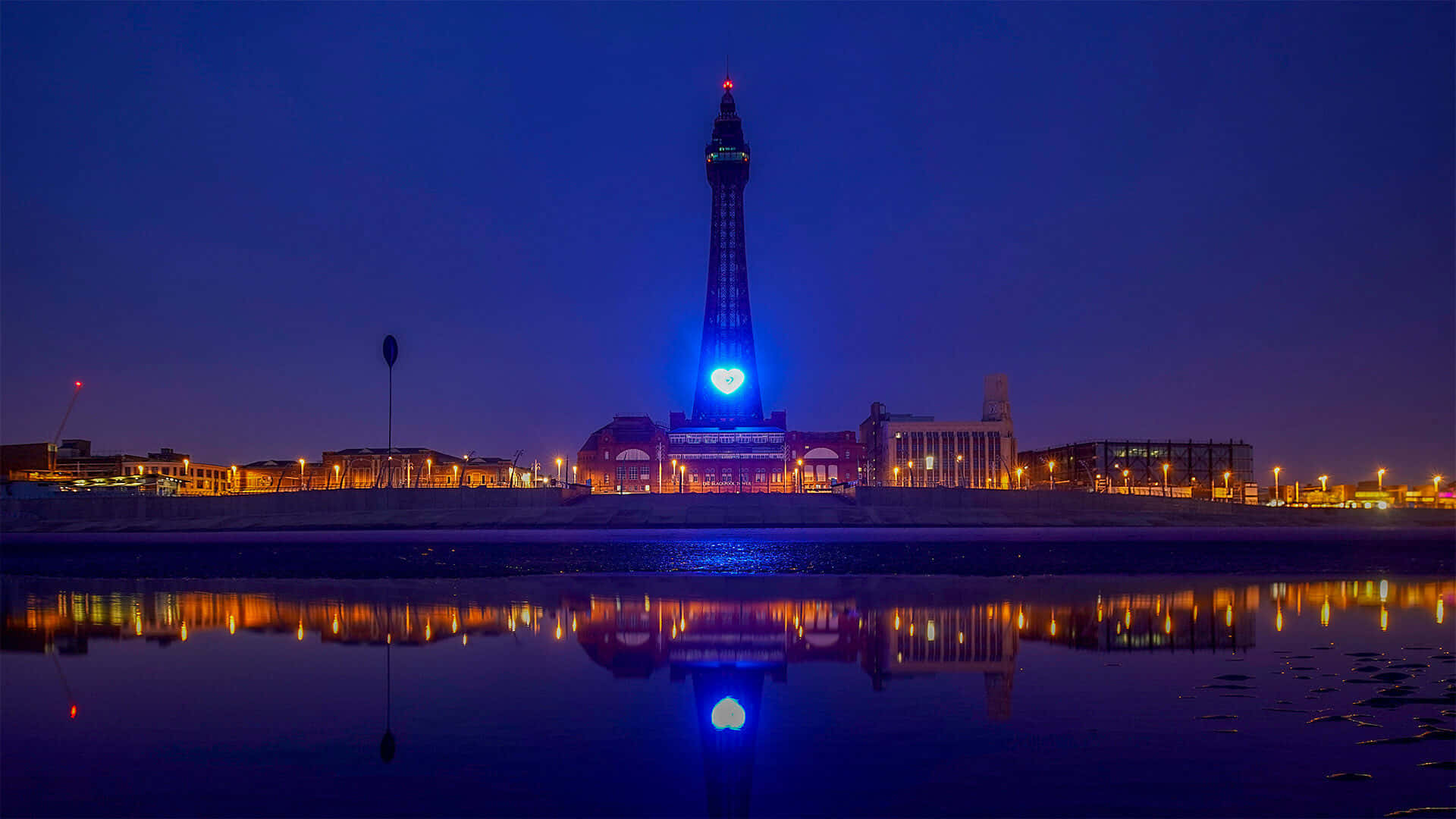 Blackpool Tower, blue light, heart light, Full HD Desktop Wallpaper