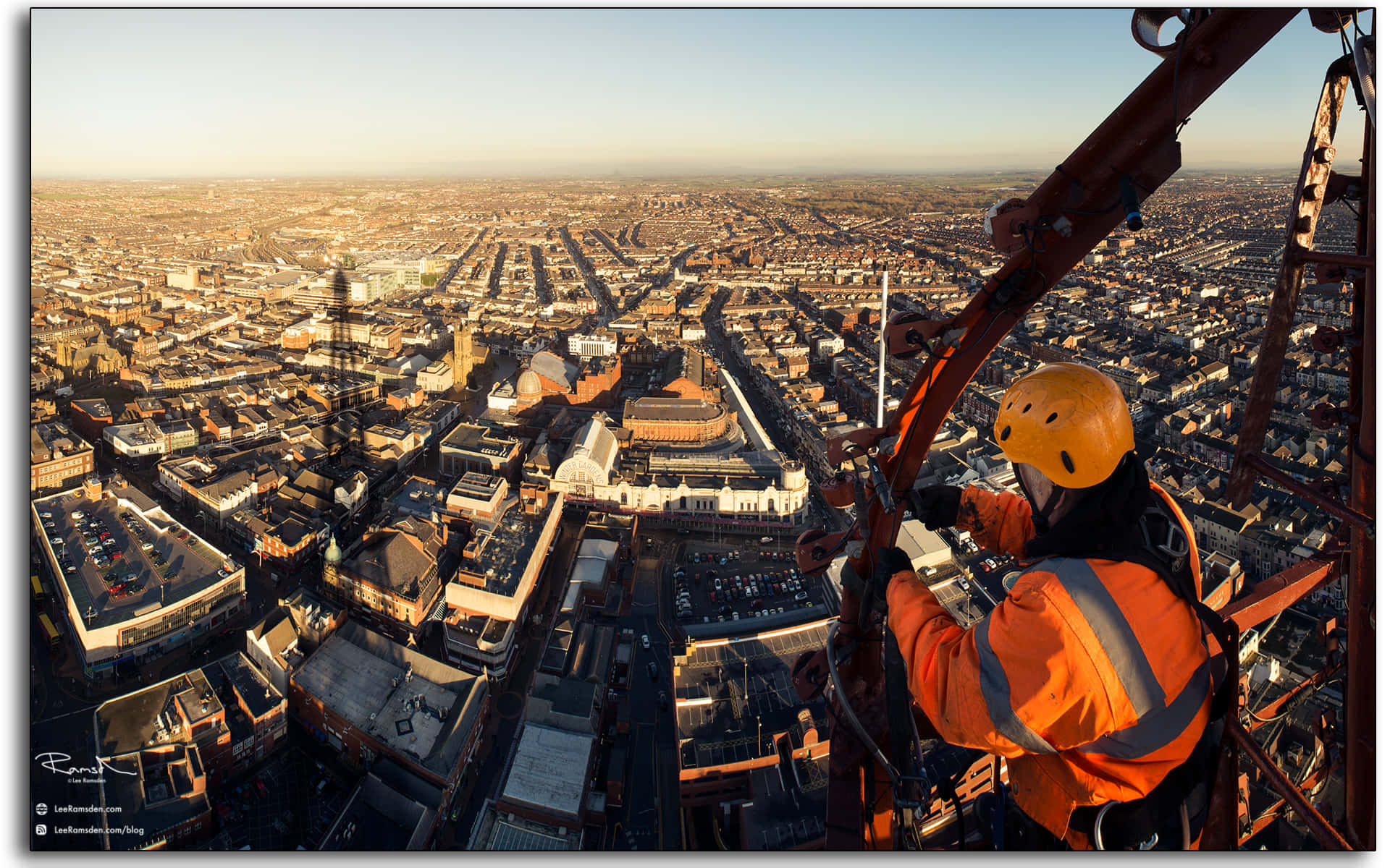 Blackpool Tower, crane, orange gear, Full HD Desktop Wallpaper