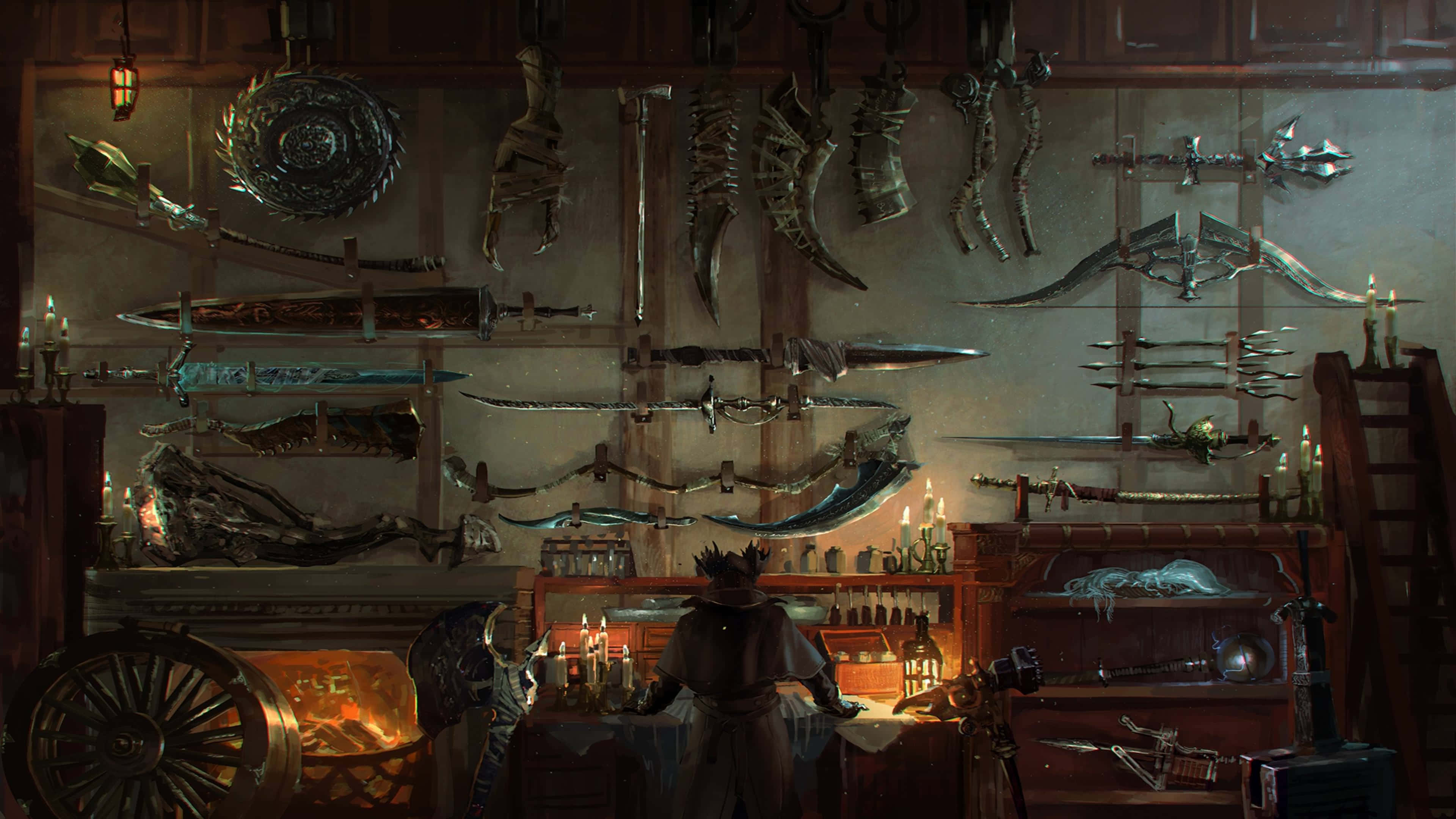 Blacksmith, medieval armory, hanging swords, 4K Desktop Wallpaper