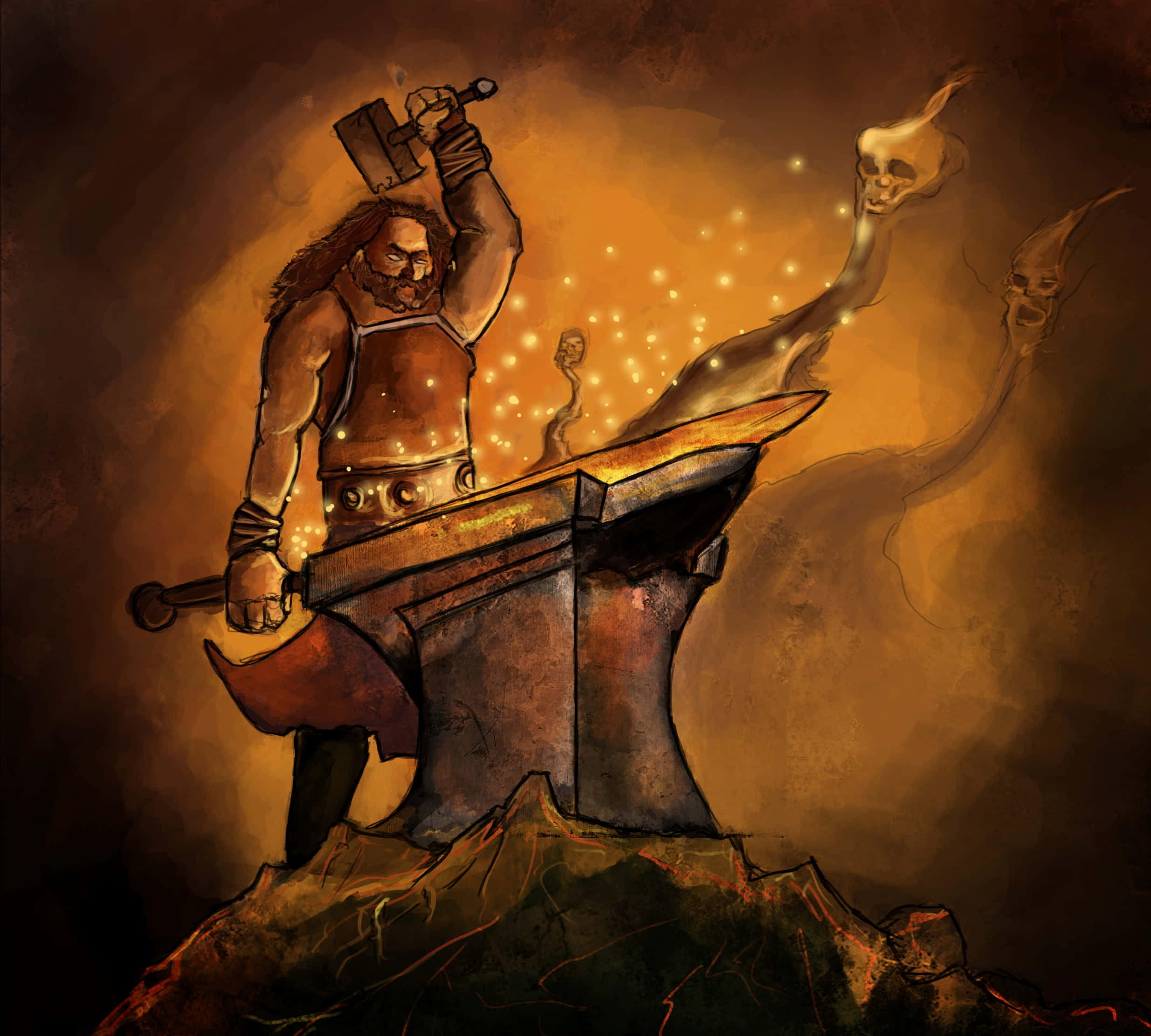 Blacksmith, glowing sword, anvil, Full HD Desktop Wallpaper