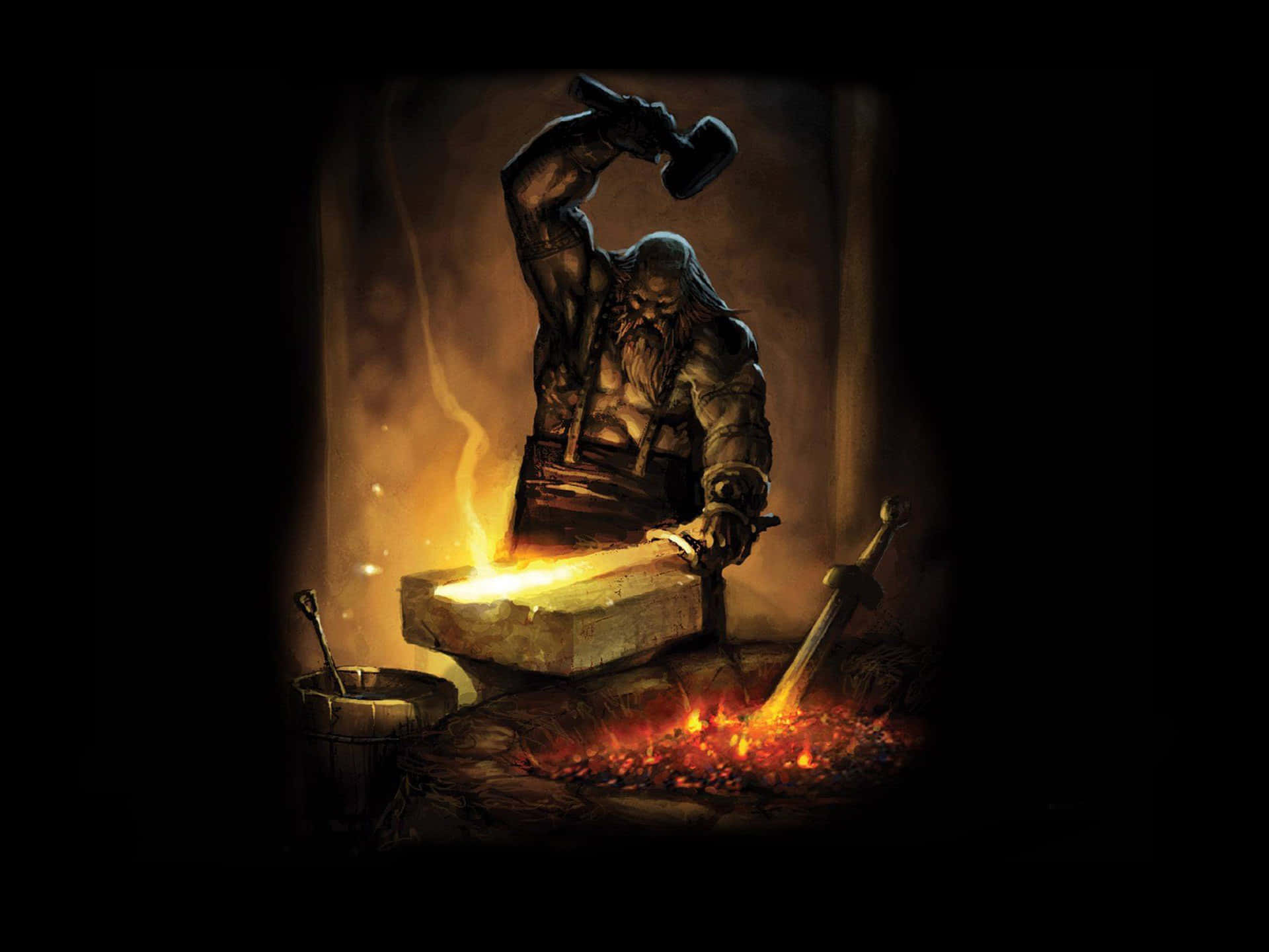 blacksmith, dwarf, glowing sword, Full HD Desktop Wallpaper