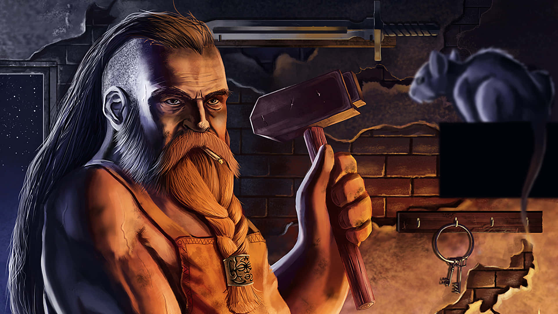 Blacksmith, dwarf, cigarette in his beard, Full HD Desktop Wallpaper