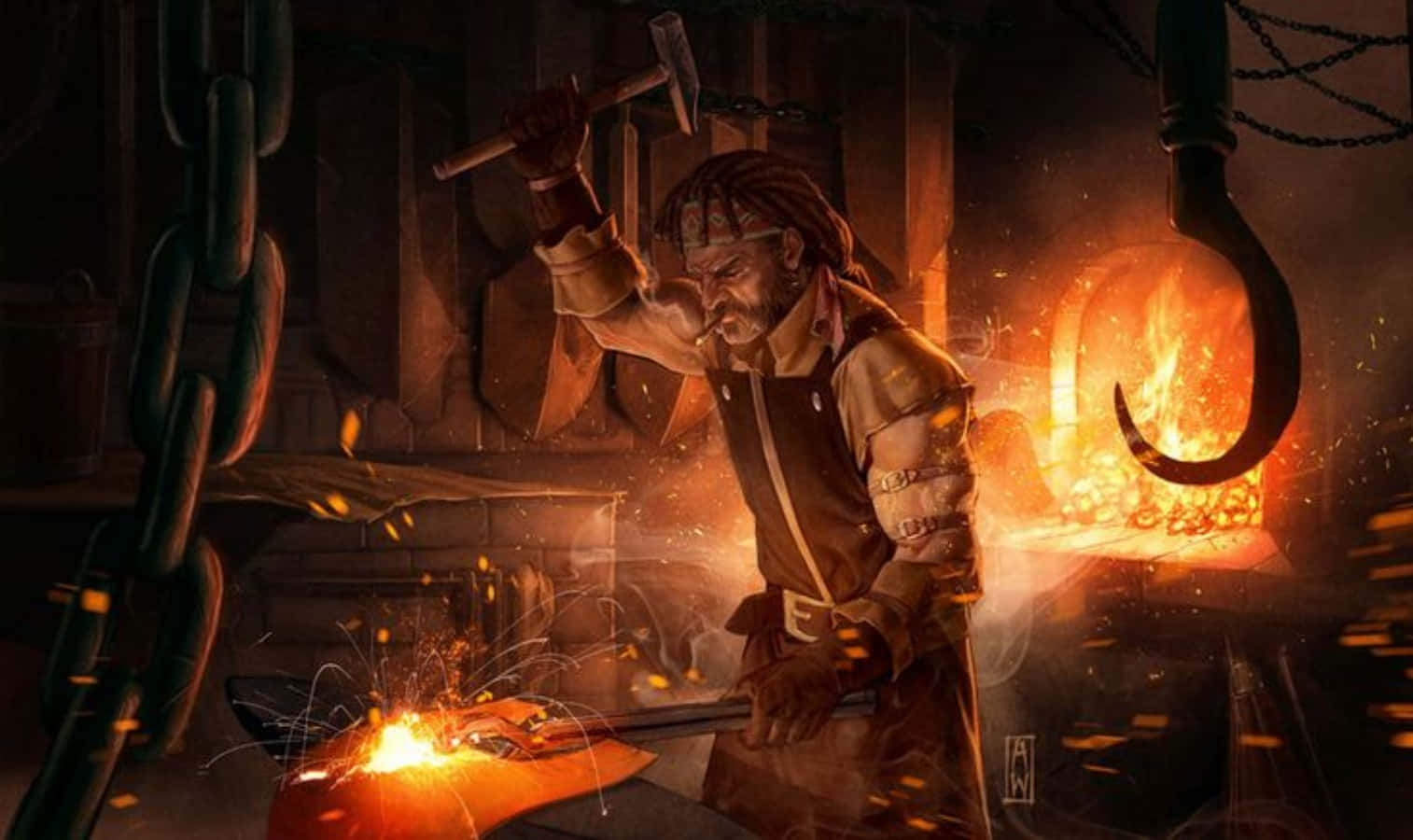 Blacksmith, glowing metal, fiery forge, HD Desktop Wallpaper