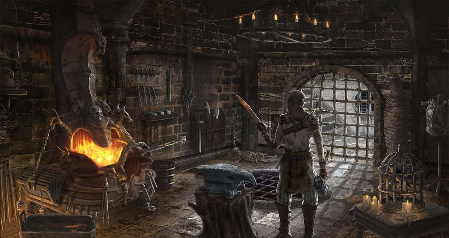 Blacksmith, medieval dungeon, roaring fireplace, HD Desktop Wallpaper