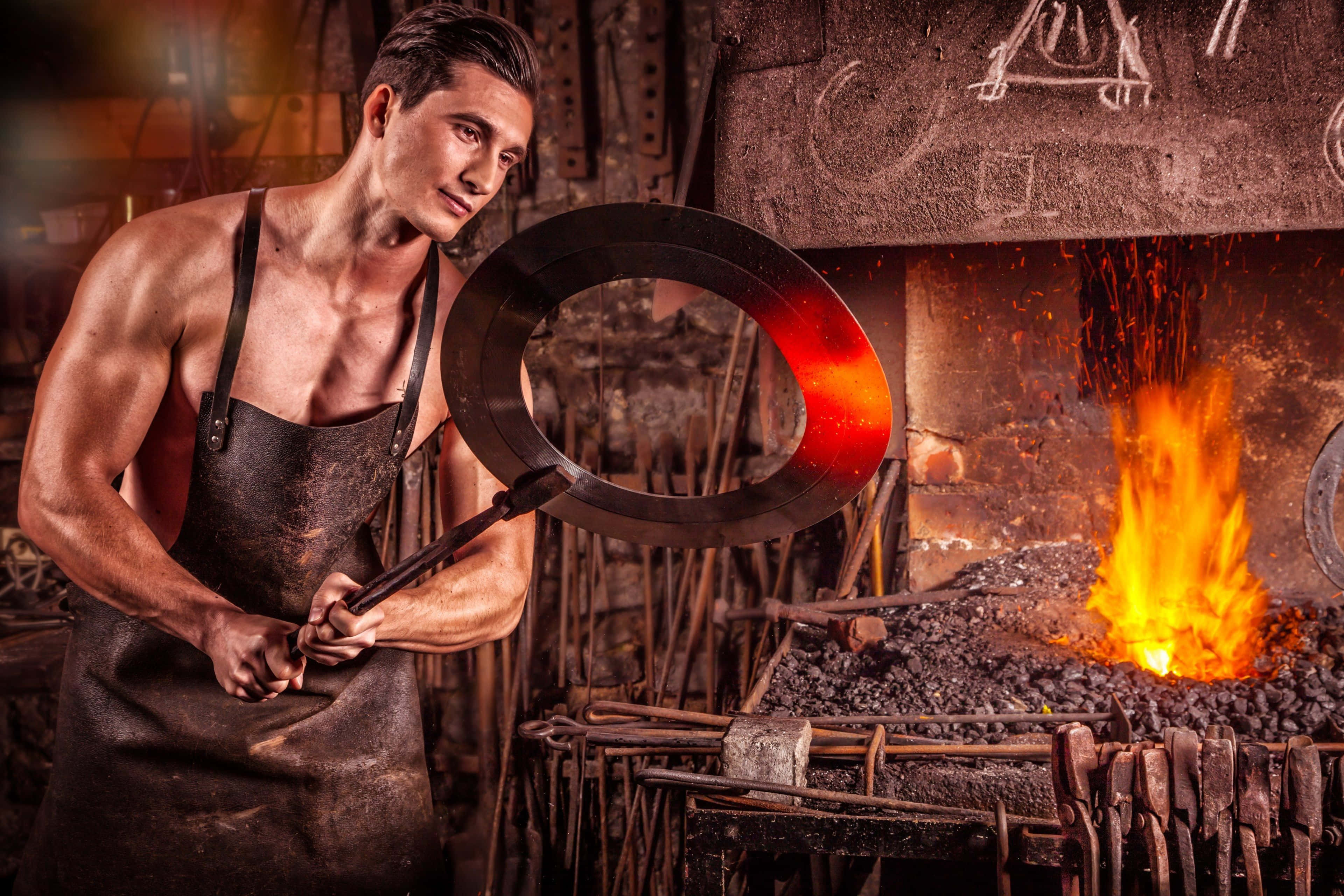 Blacksmith, glowing hot metal ring, fiery forge, 4K Desktop Wallpaper