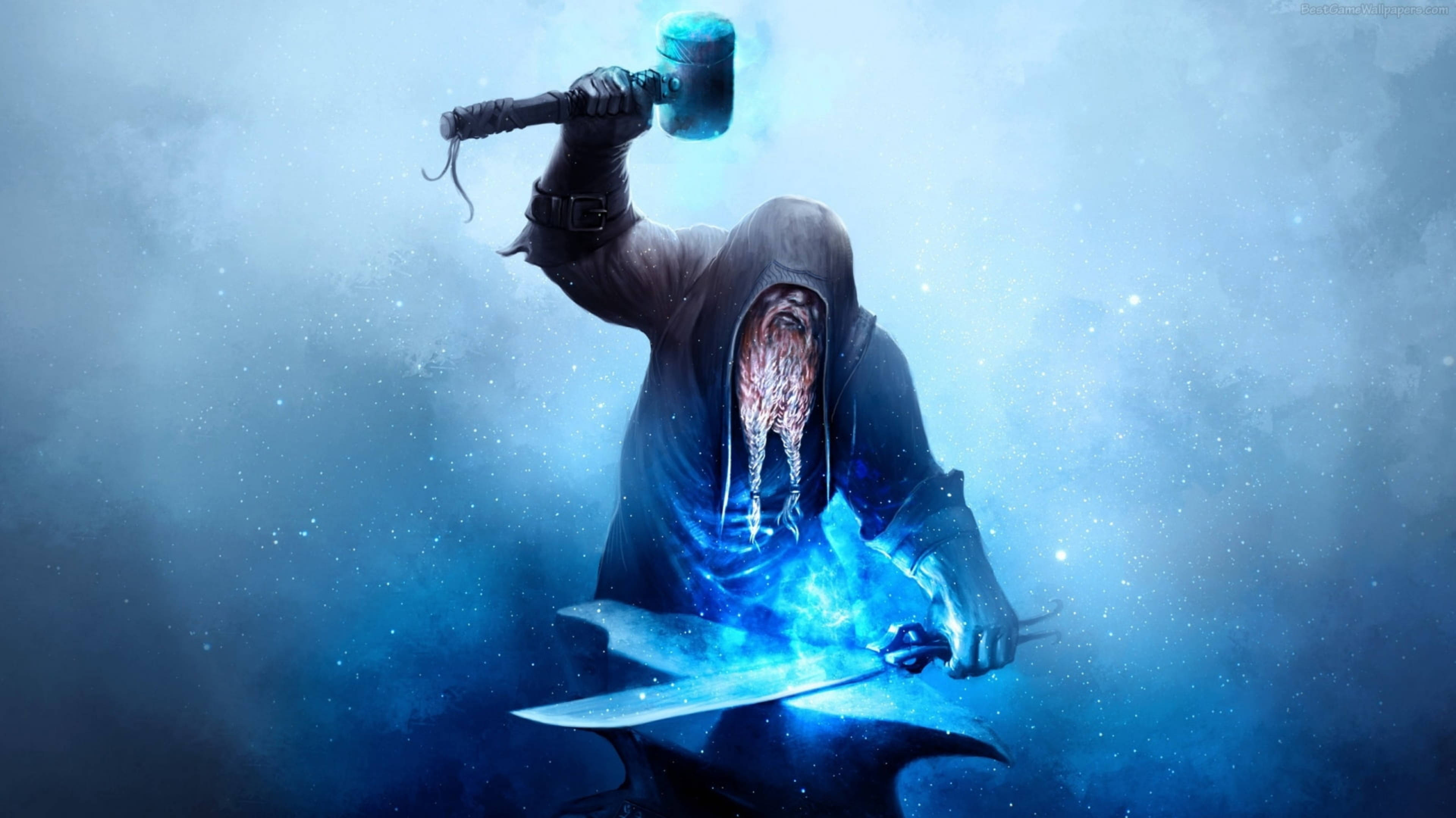 Blacksmith, Blue Fire, glowing blue hammer, 4K Desktop Wallpaper