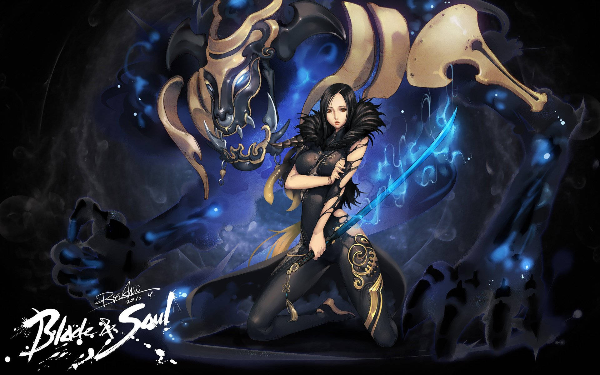 Blade And Soul, glowing blue sword, massive ornate dragon, Full HD Desktop Wallpaper