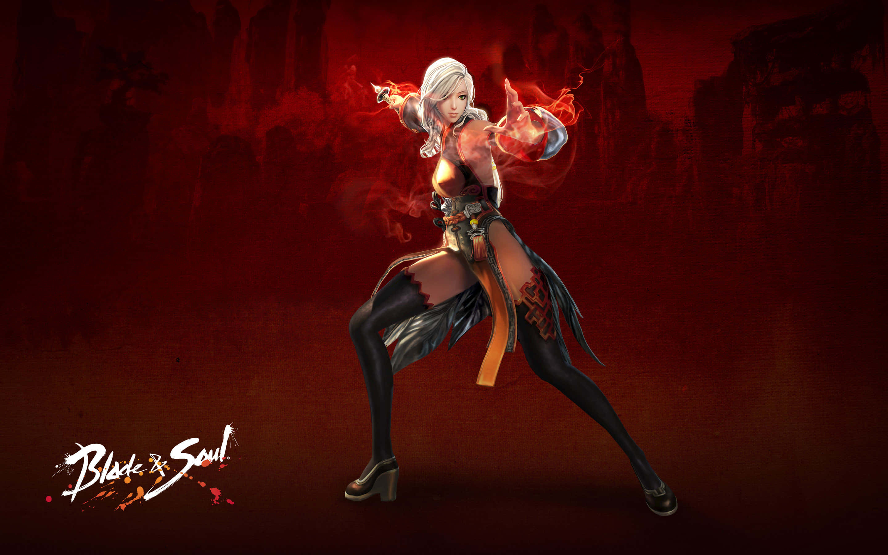 Blade & Soul, fiery-haired warrior, ornate armor, 2K Desktop Wallpaper
