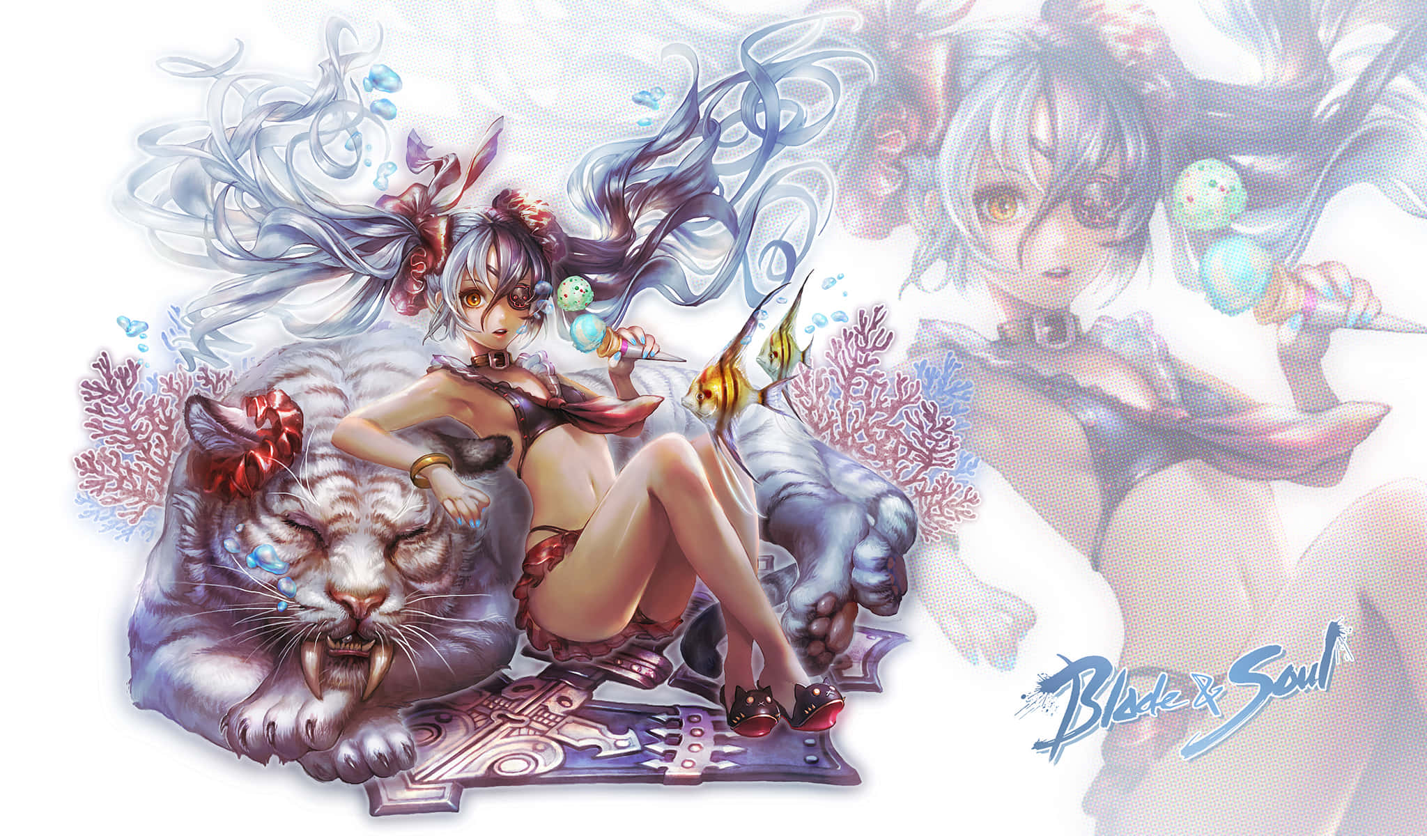 Blade and Soul, silver-haired anime girl, red bikini, Full HD Desktop Wallpaper