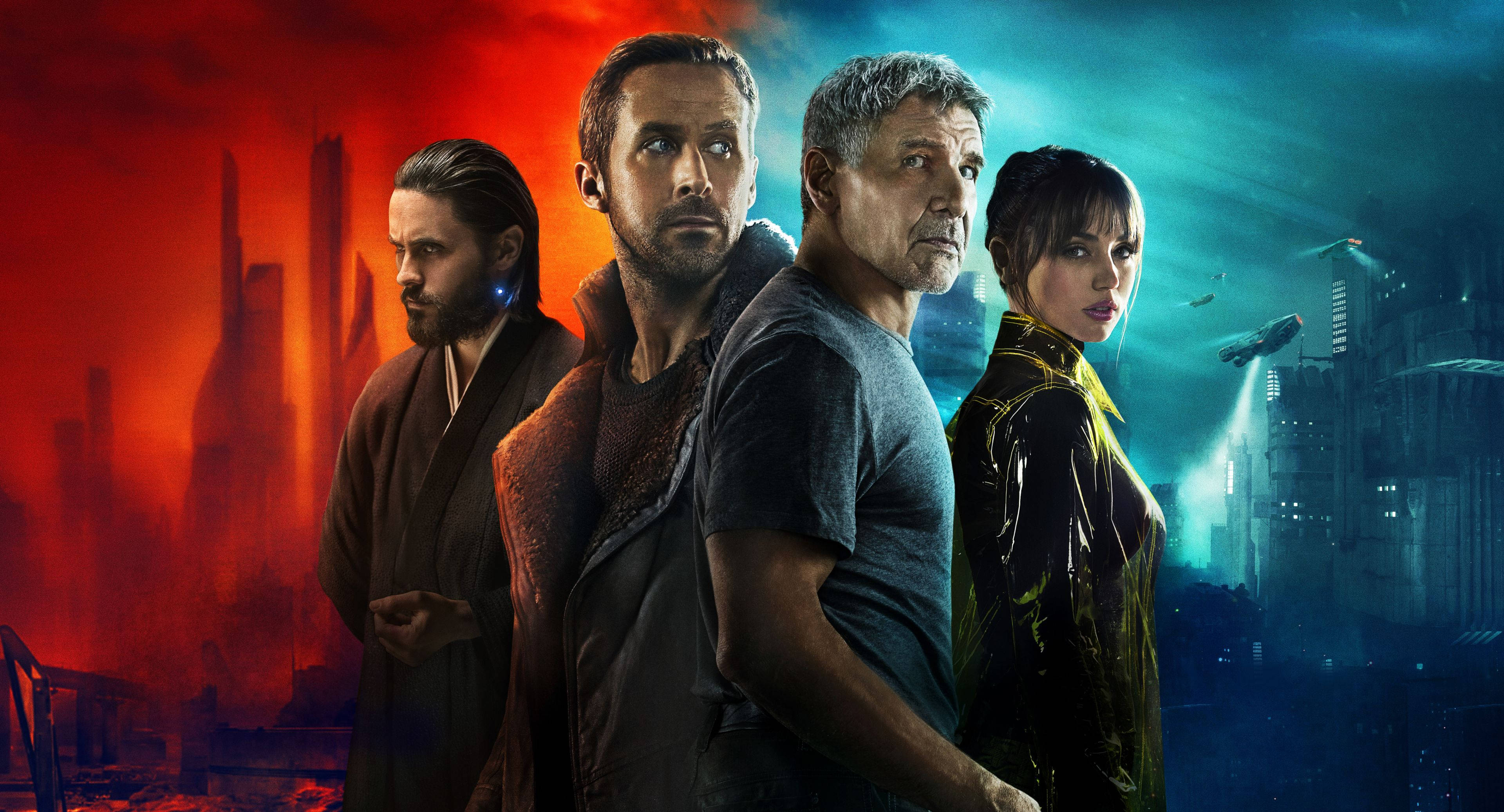 Blade Runner 2049, central characters, red and blue futuristic cityscape, 4K Desktop Wallpaper