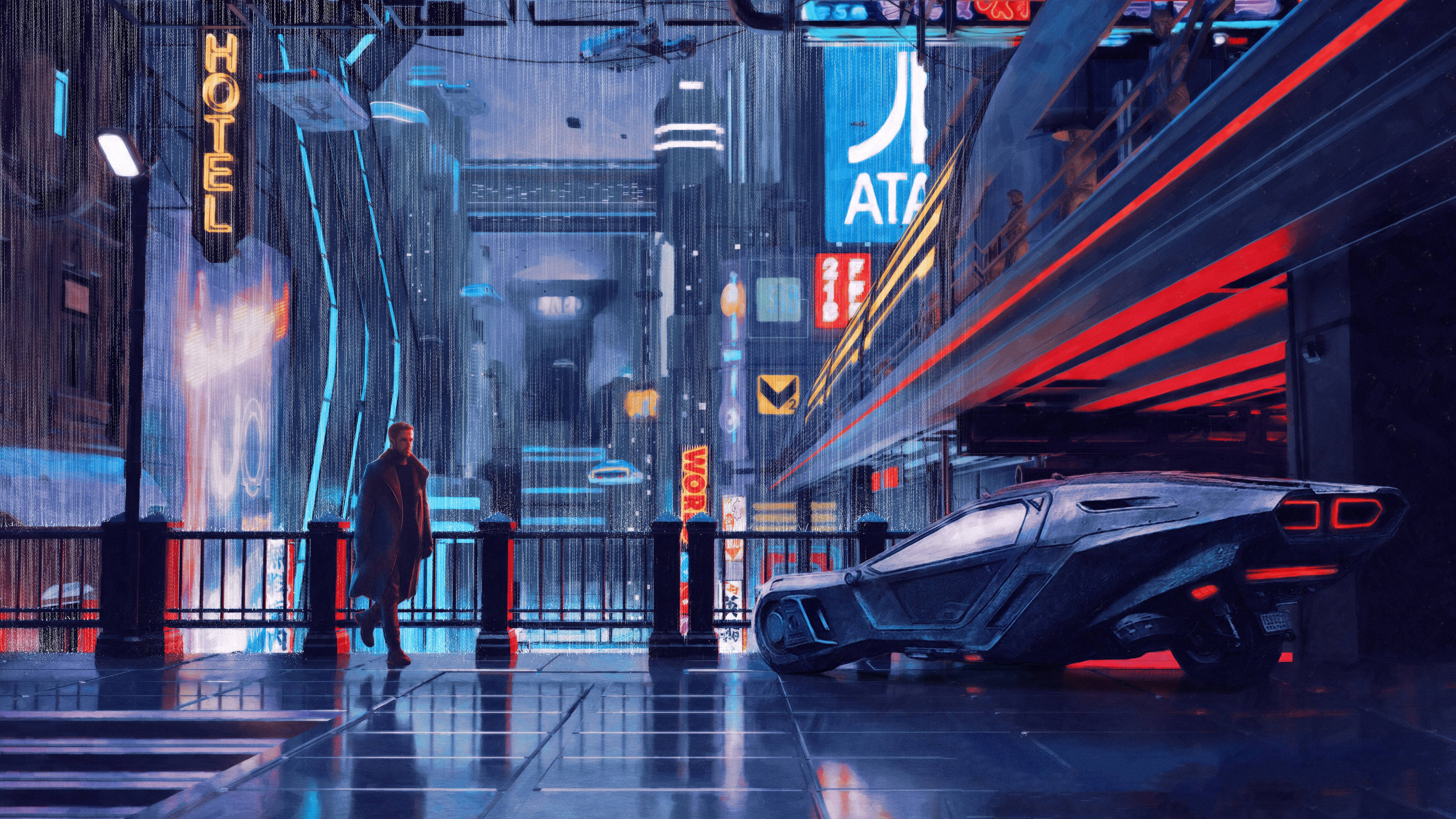 Blade Runner 2049, neon-drenched cyberpunk alley, rain-slicked, 4K Desktop Wallpaper