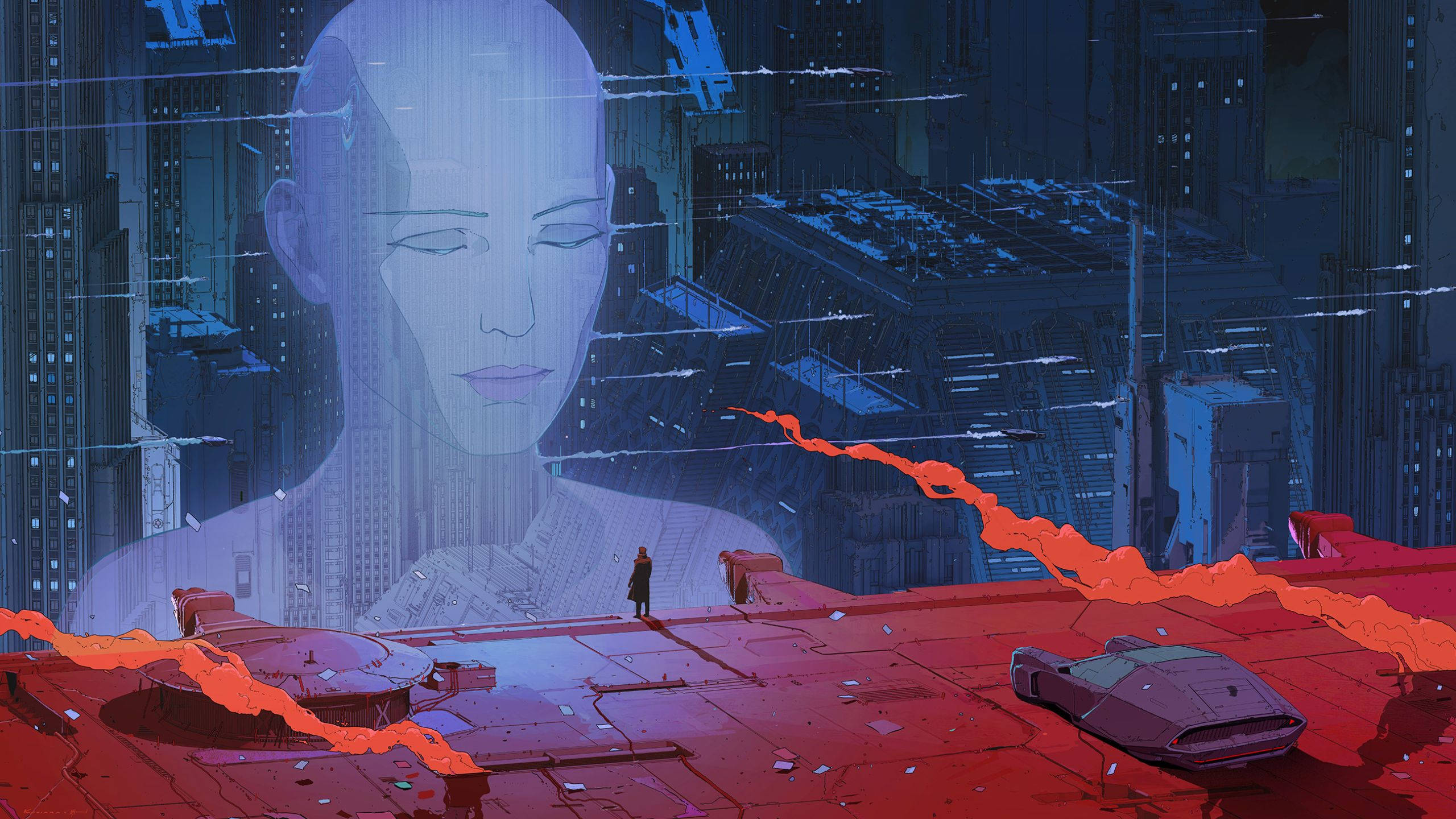 Blade Runner 2049, neon cyberpunk cityscape, rainy, 2K Desktop Wallpaper