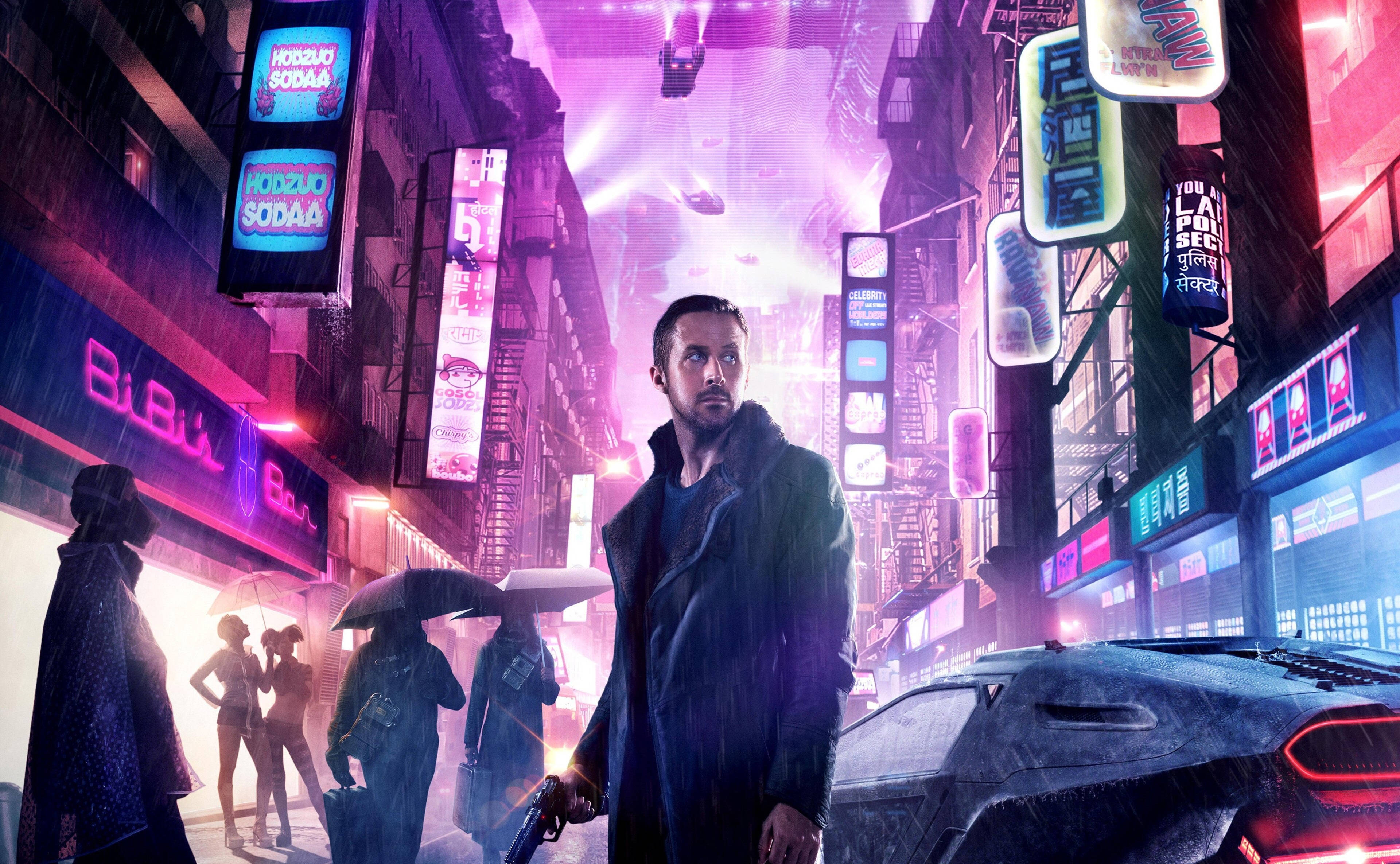 Blade Runner 2049, neon aesthetic, rain-slicked cyberpunk city street, 4K Desktop Wallpaper