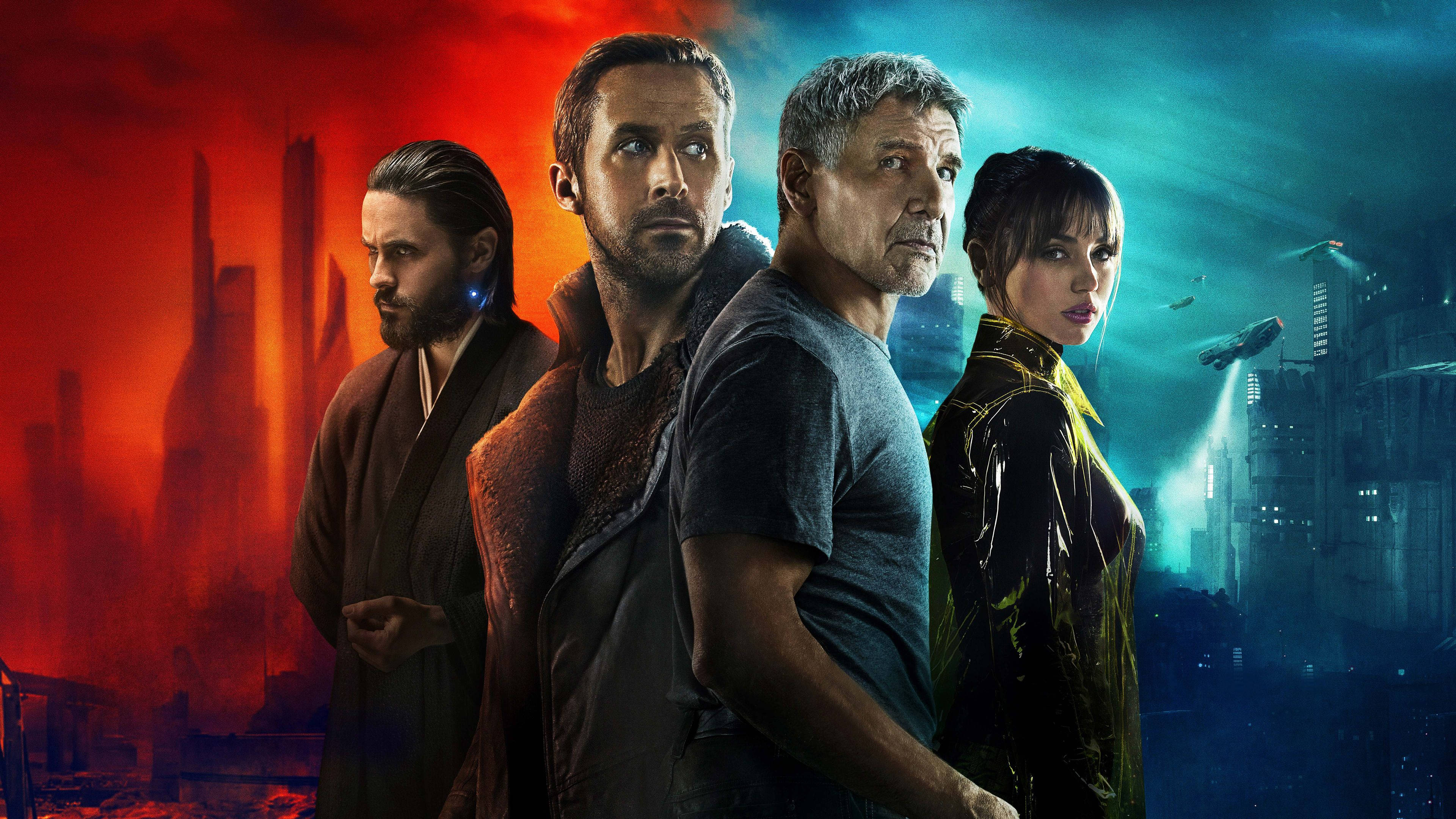 Blade Runner 2049, red and blue futuristic cityscape, flying vehicles, 4K Desktop Wallpaper