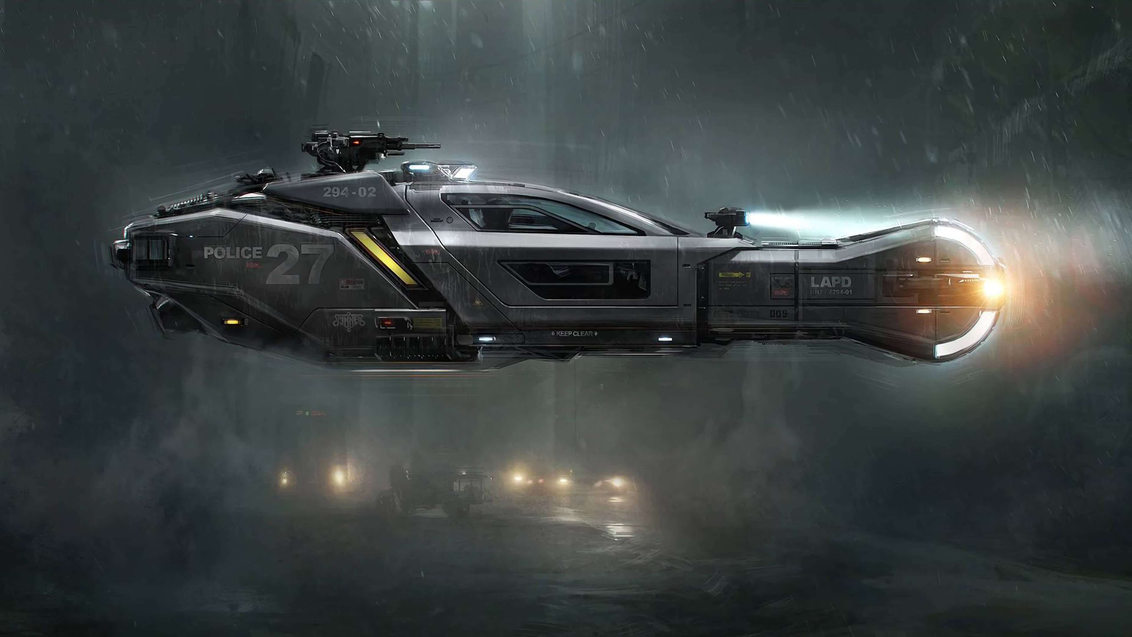 Blade Runner 2049, floating spinner, neon-lit cityscape, 4K Desktop Wallpaper