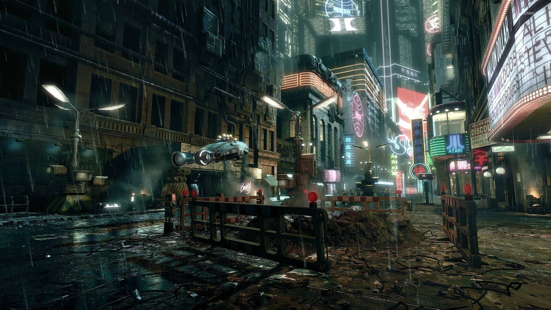 Blade Runner, neon-lit cyberpunk city street, hovering vehicle, Full HD Desktop Wallpaper