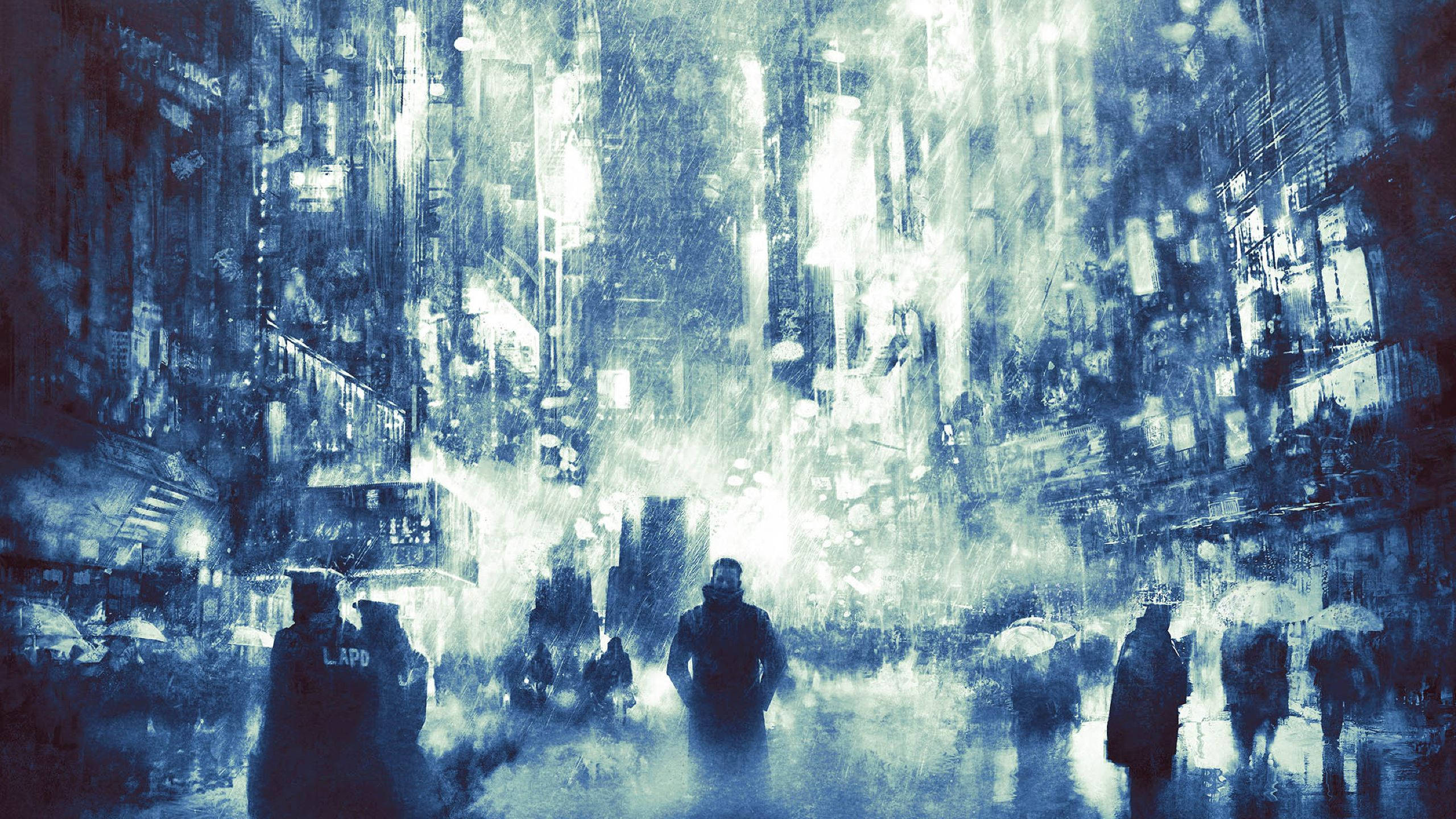 Blade Runner 2049, neon-drenched city street, rainy night, 2K Desktop Wallpaper
