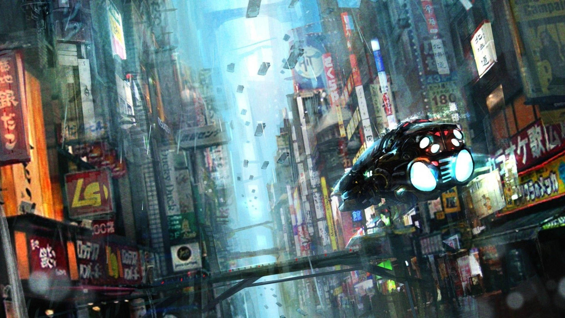 Blade Runner, flying car, neon-lit cyberpunk cityscape, Full HD Desktop Wallpaper