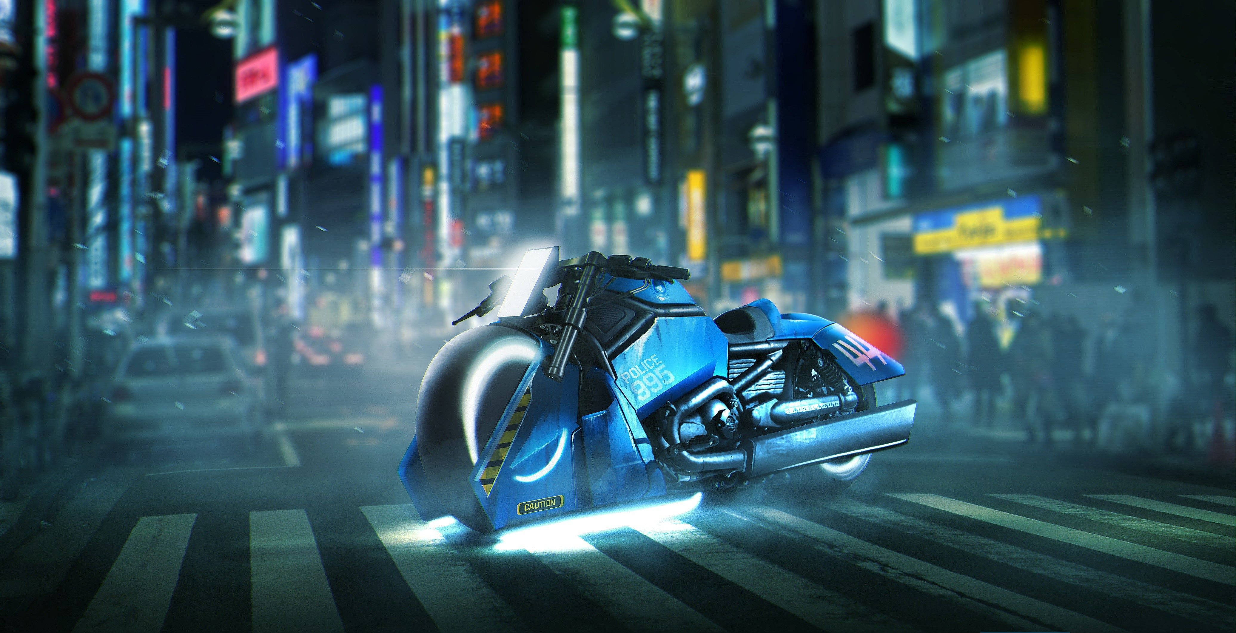 Blade Runner, futuristic Harley Davidson motorcycle, neon-lit rain-slicked city street, 4K Desktop Wallpaper
