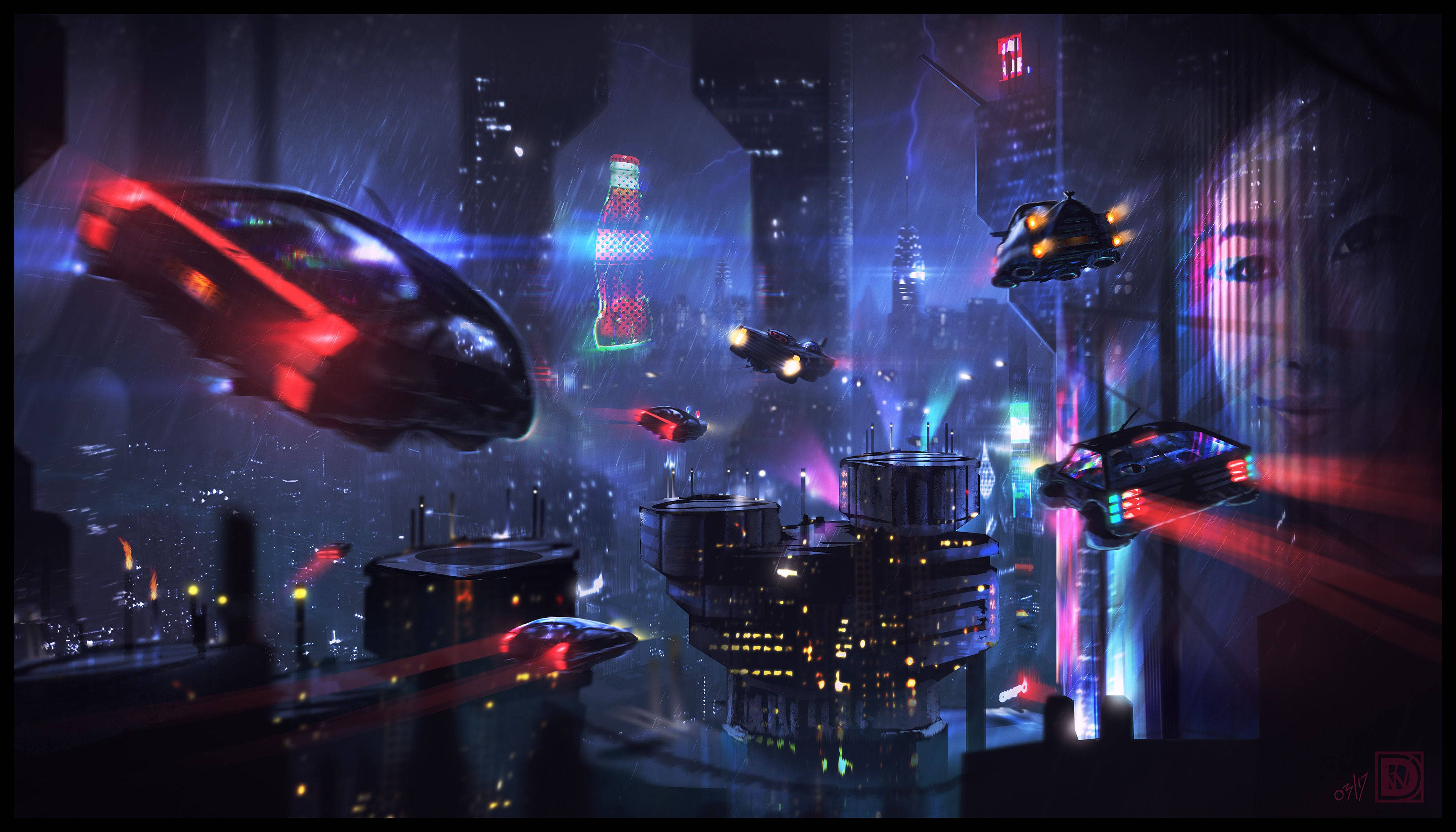 Blade Runner, neon cityscape, flying cars, 4K Desktop Wallpaper