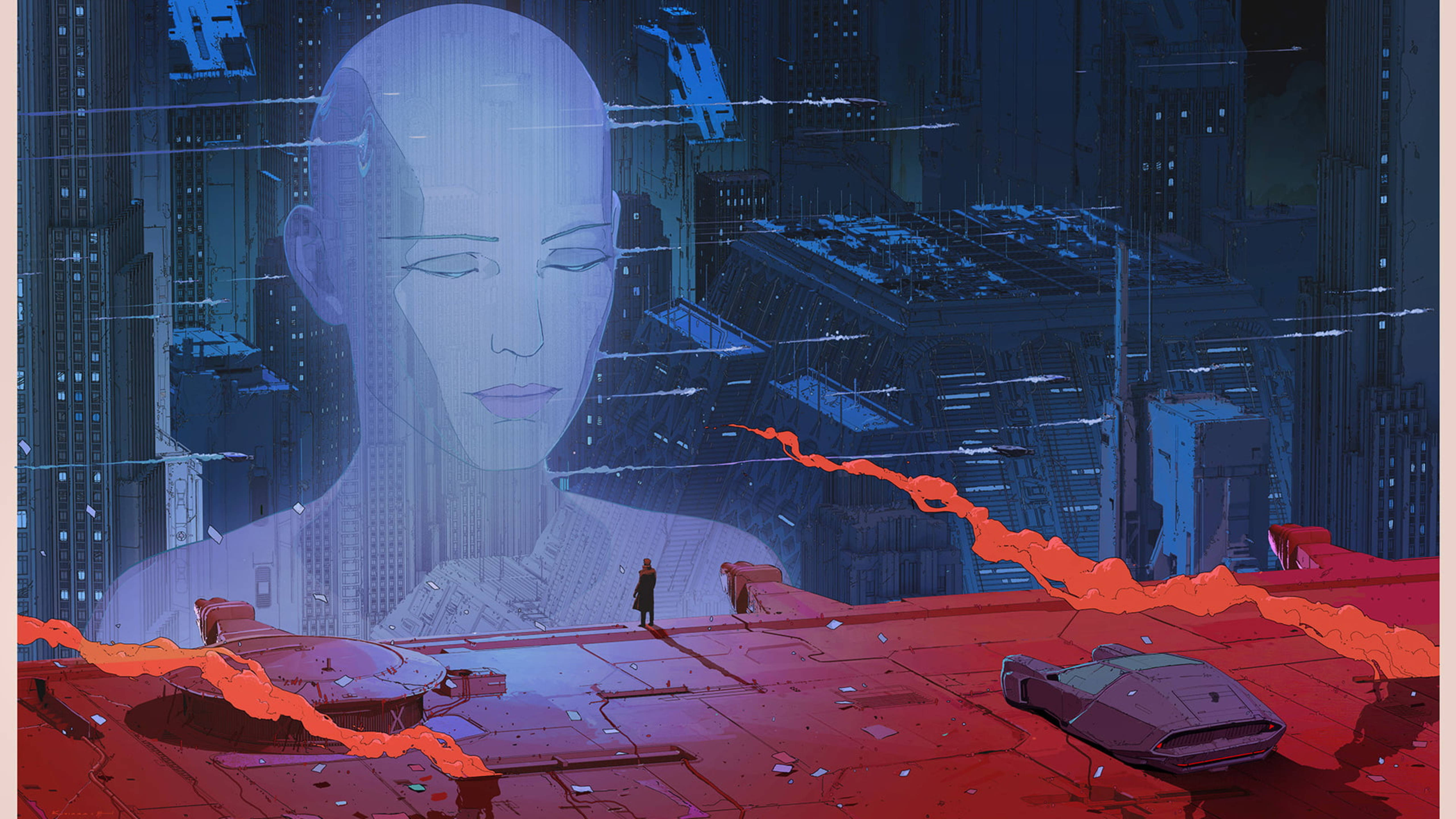 Blade Runner, giant hologram, rain-slicked futuristic cityscape, 5K Desktop Wallpaper