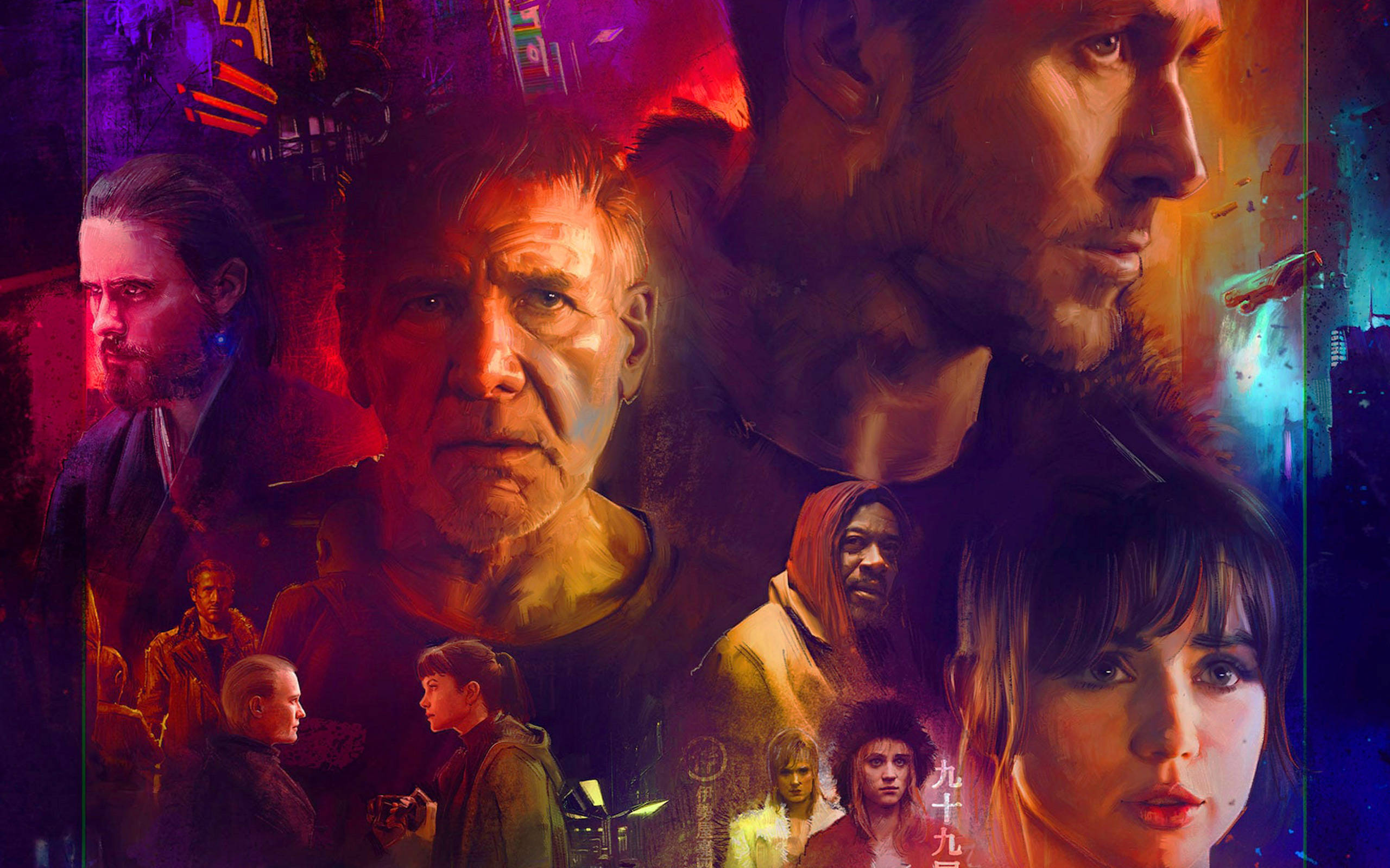 Blade Runner 2049, neon-lit cyberpunk cityscape, glowing signs, 2K Desktop Wallpaper