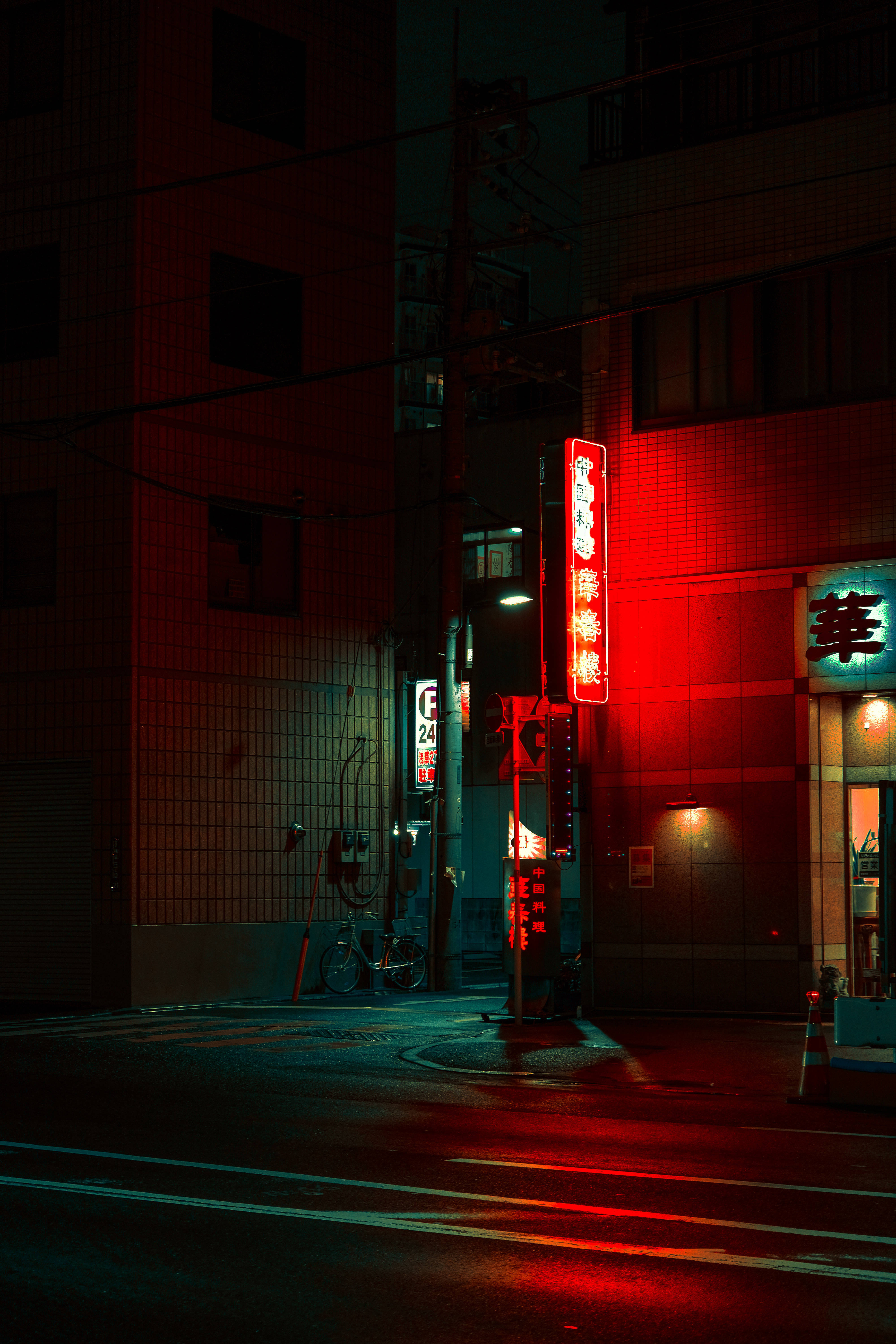 Blade Runner, neon-lit urban alley, red signs, 5K Phone Wallpaper