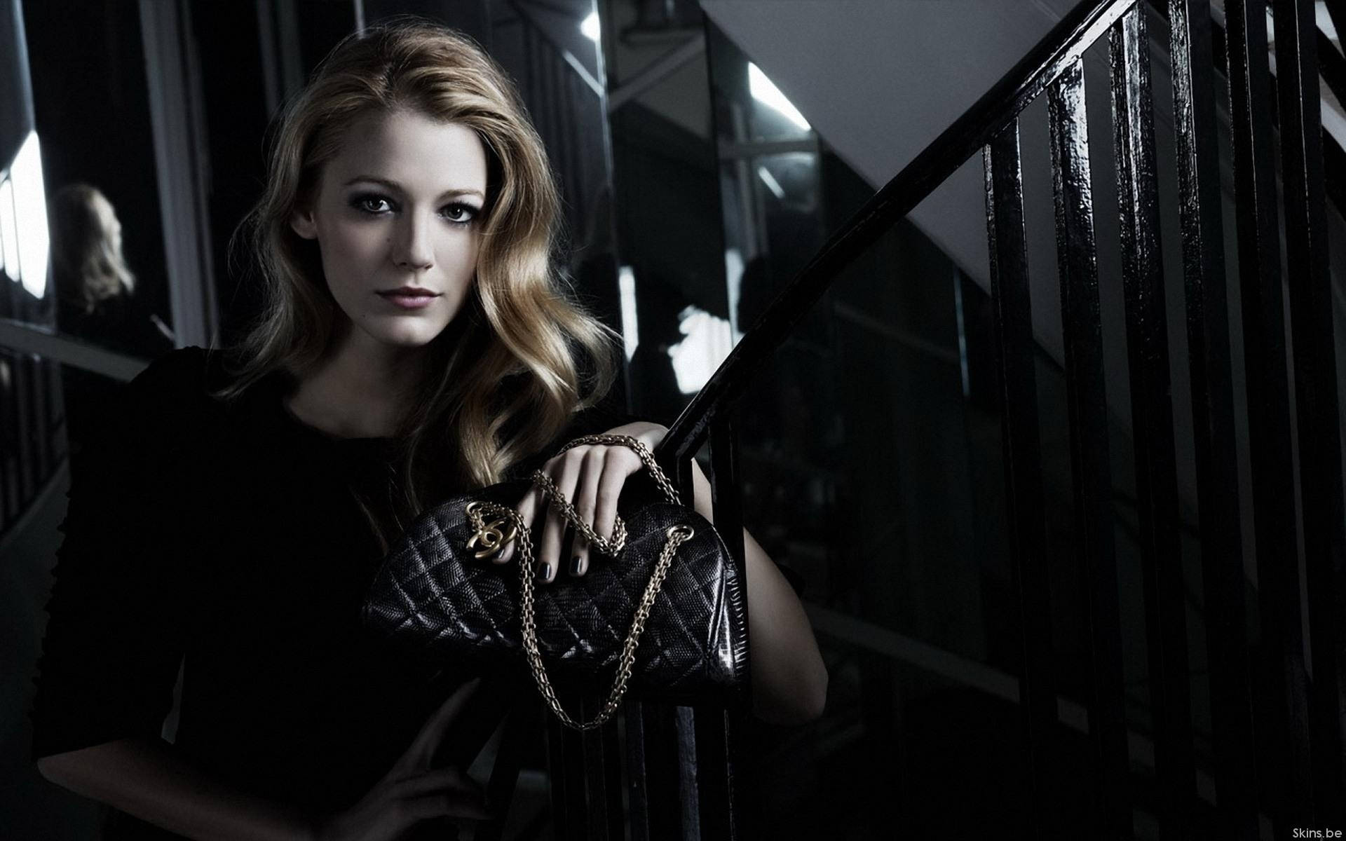 Blake Lively, black, staircase railing, Full HD Desktop Wallpaper