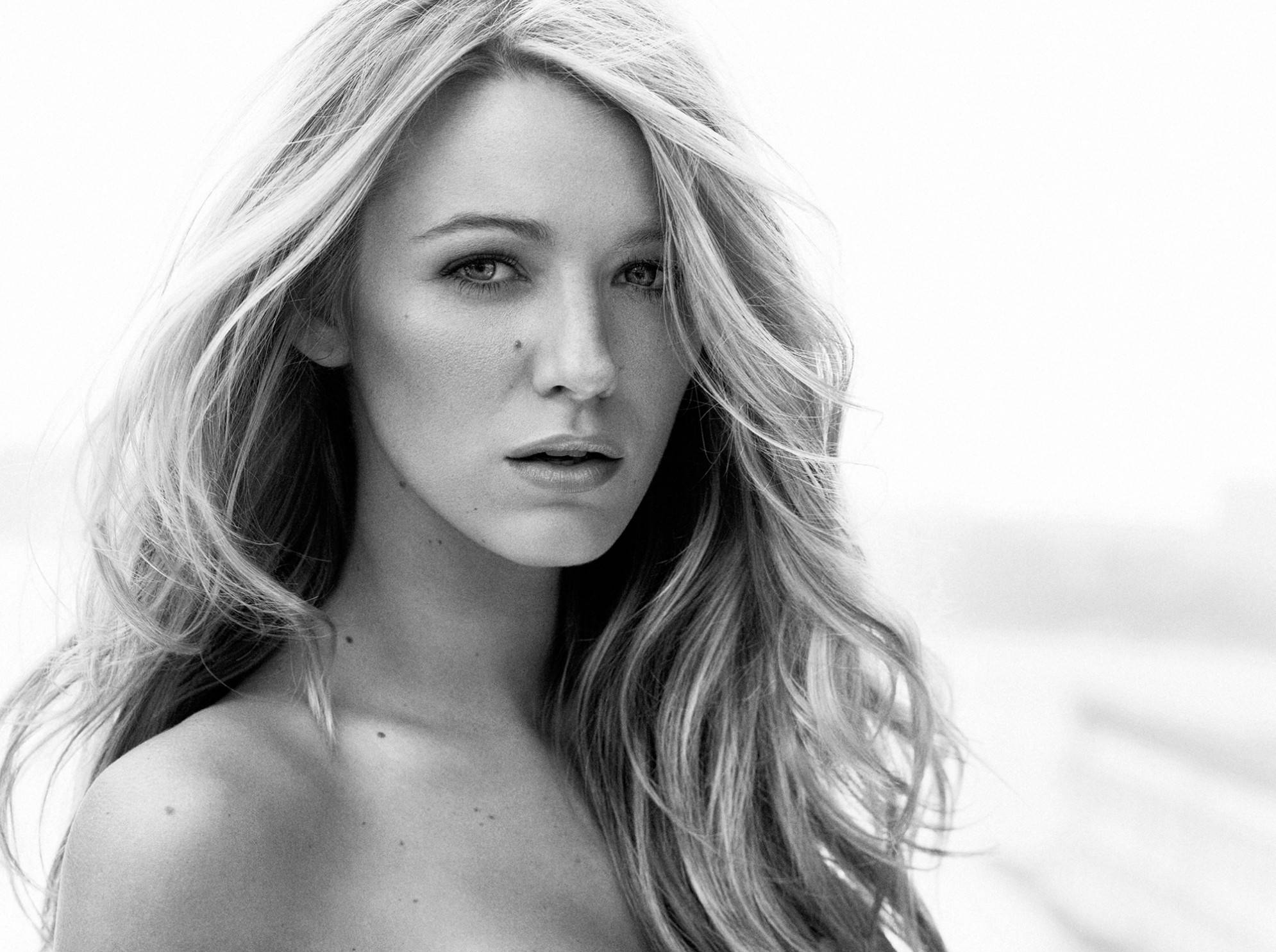 Blake Lively, black and white portrait, windswept hair, Full HD Desktop Wallpaper