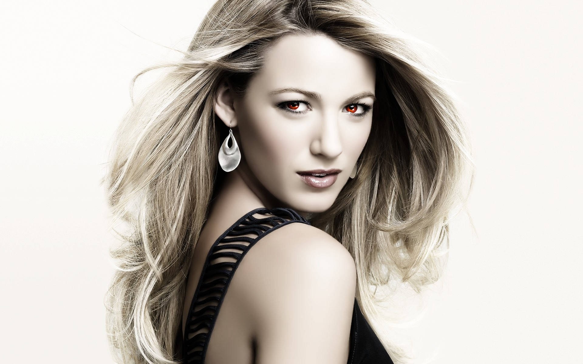 Blake Lively, red eyes, black dress, Full HD Desktop Wallpaper